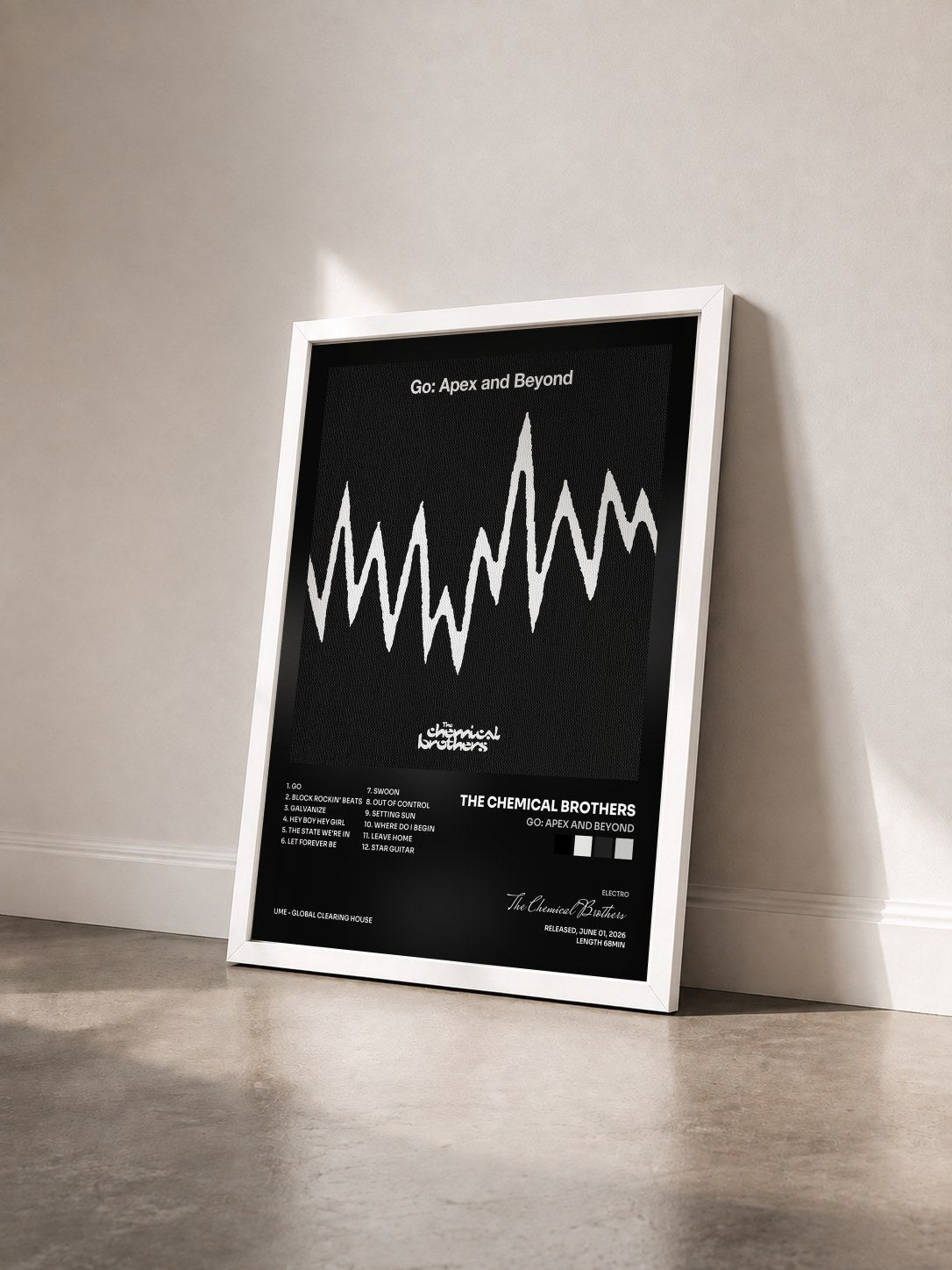 #blanc Tableau de l'album Go: Apex And Beyond de The Chemical Brothers vu de trois quarts, cadre blanc