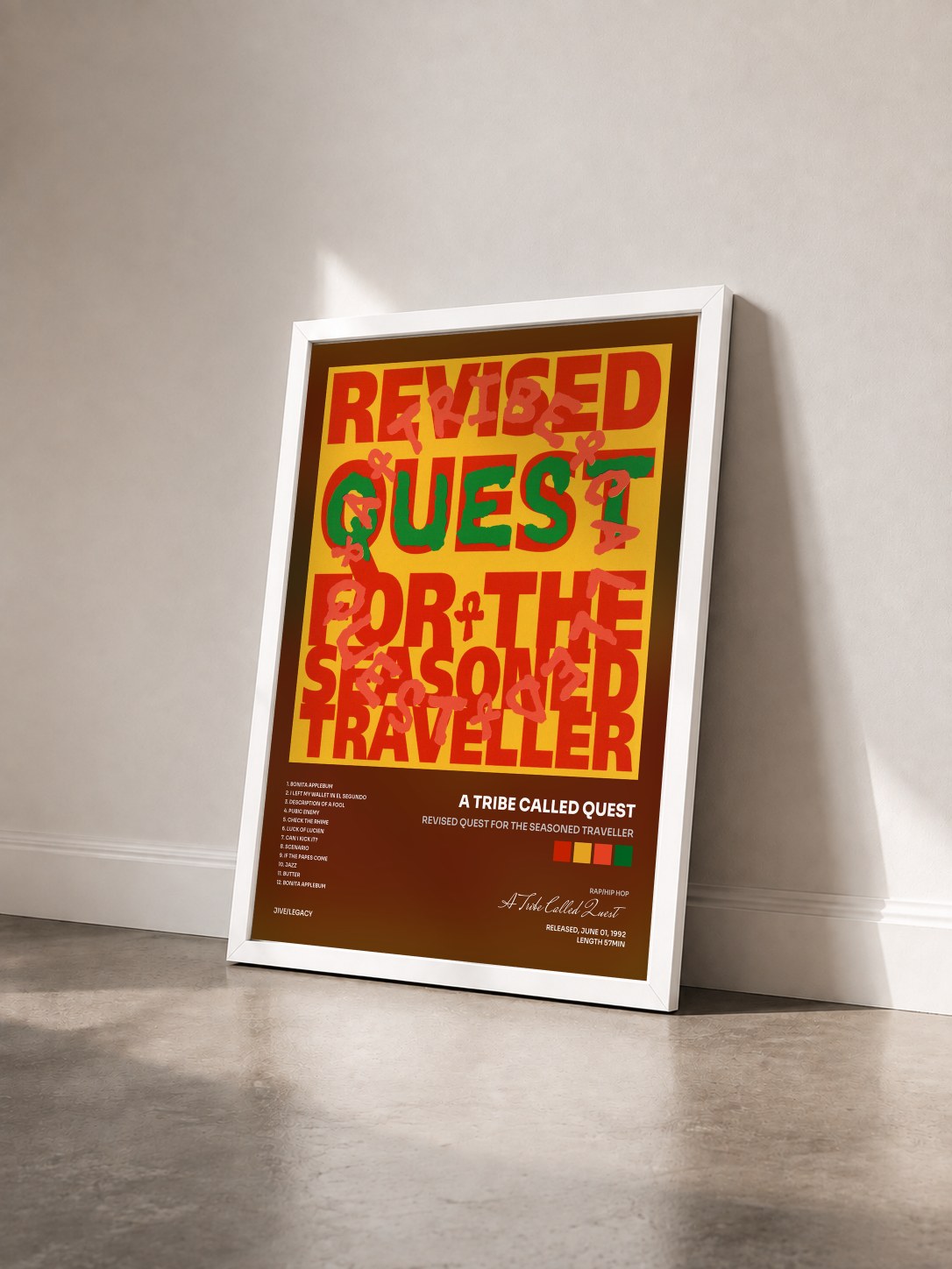 #blanc Tableau de l'album Revised Quest for the Seasoned Traveller de A Tribe Called Quest vu de trois quarts, cadre blanc