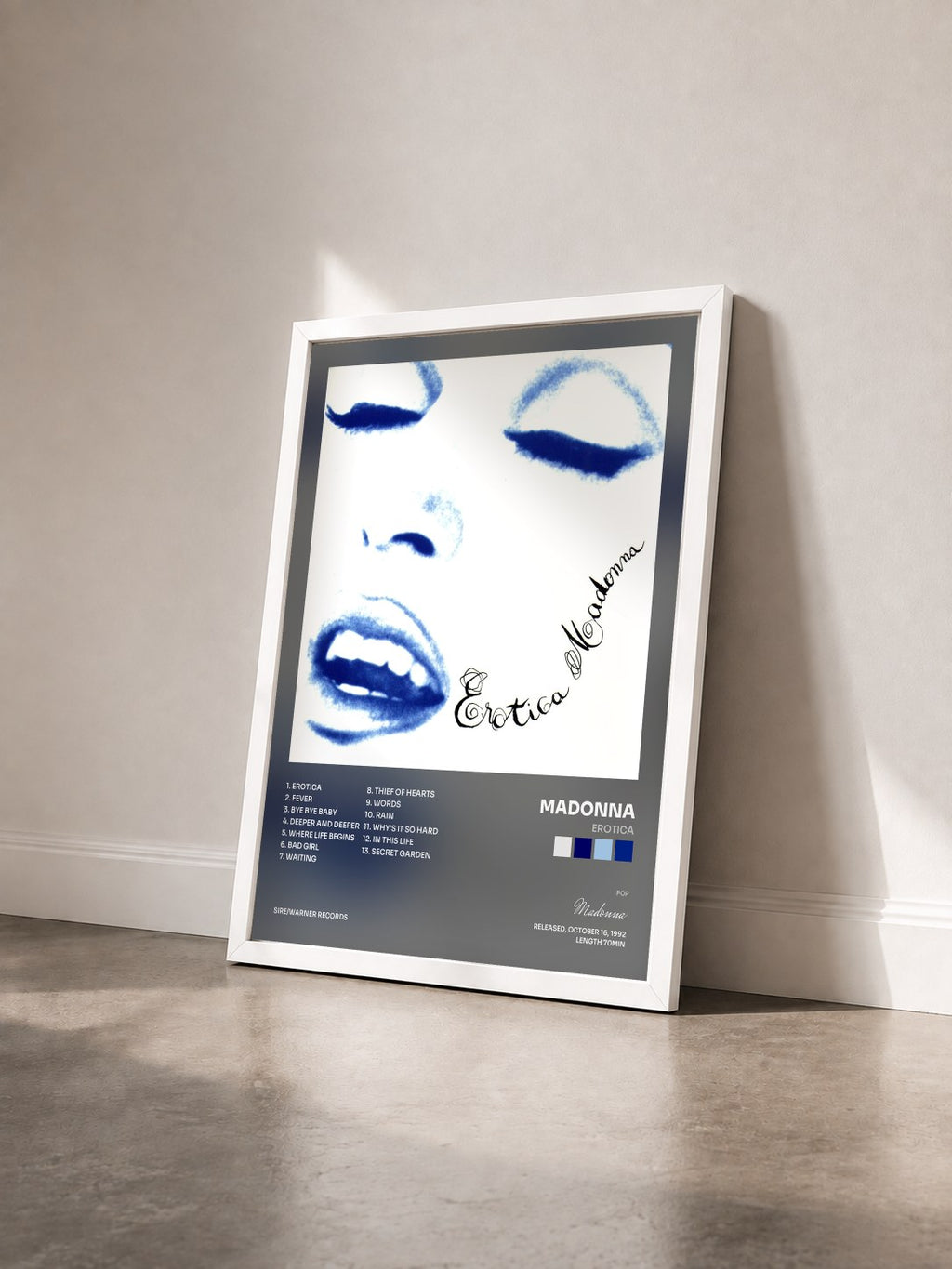 #blanc Tableau de l'album Erotica de Madonna vu de trois quarts, cadre blanc