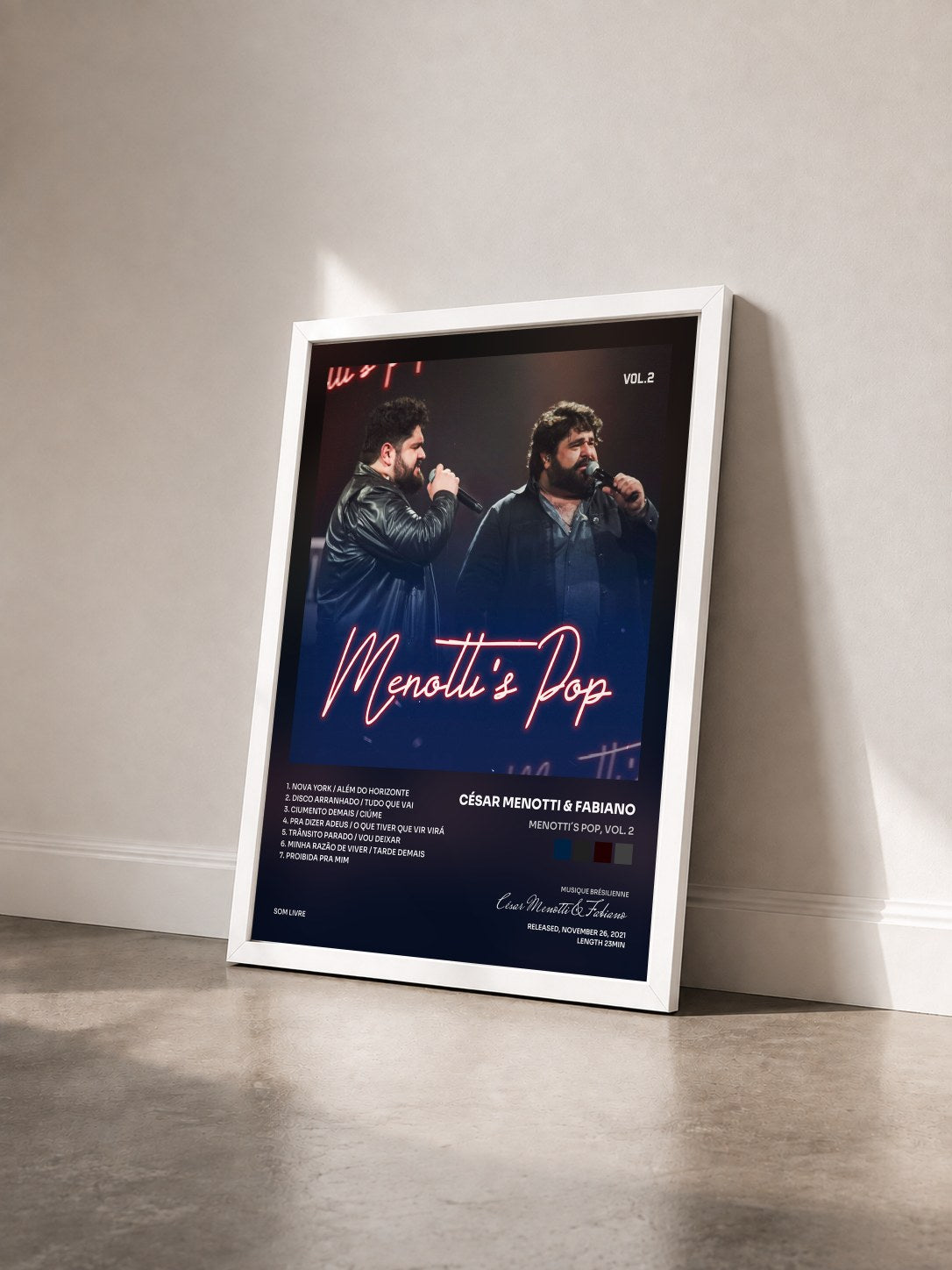 #blanc Tableau de l'album Menotti´s Pop, Vol. 2 de César Menotti & Fabiano vu de trois quarts, cadre blanc