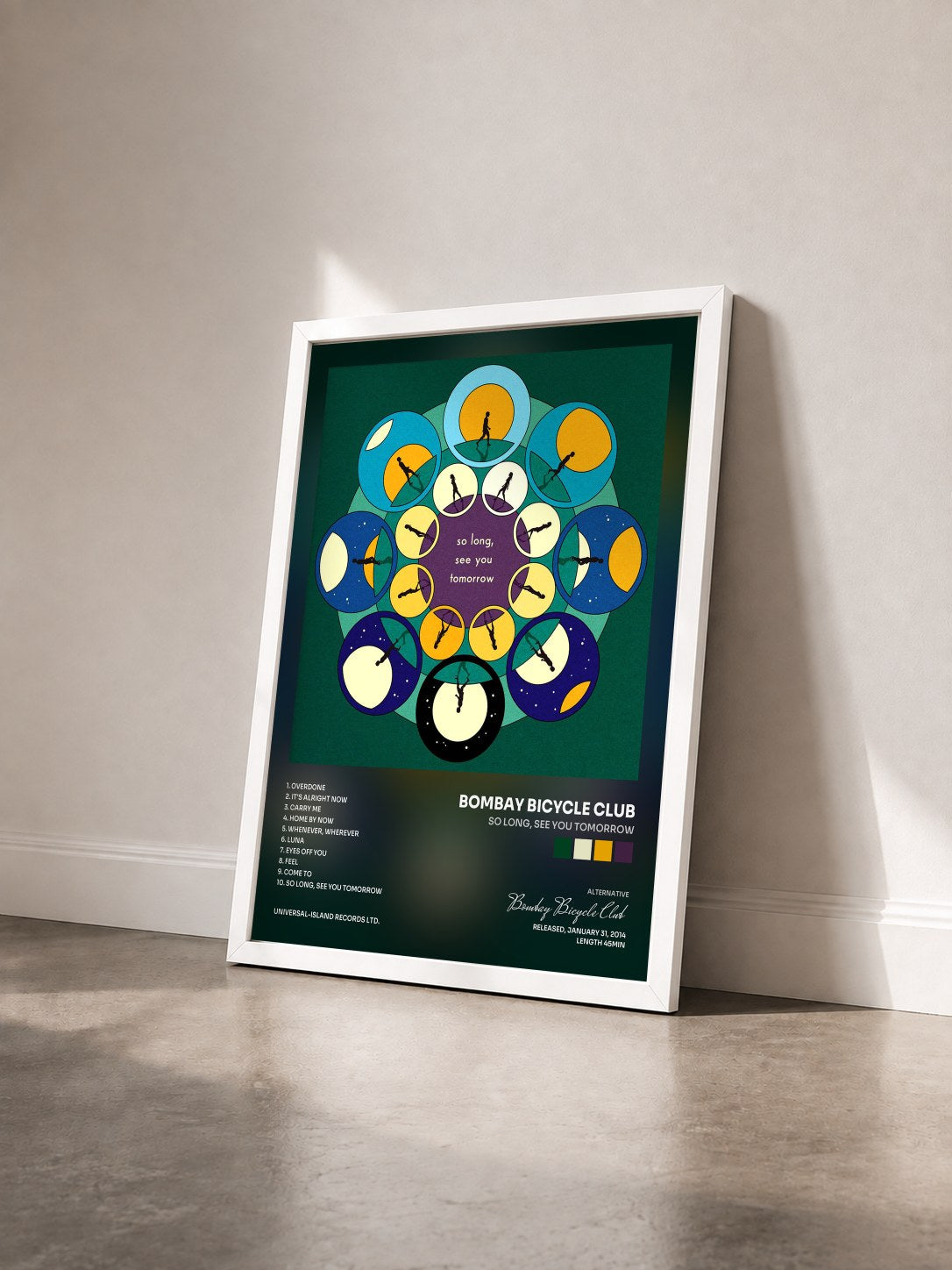 #blanc Tableau de l'album So Long, See You Tomorrow de Bombay Bicycle Club vu de trois quarts, cadre blanc