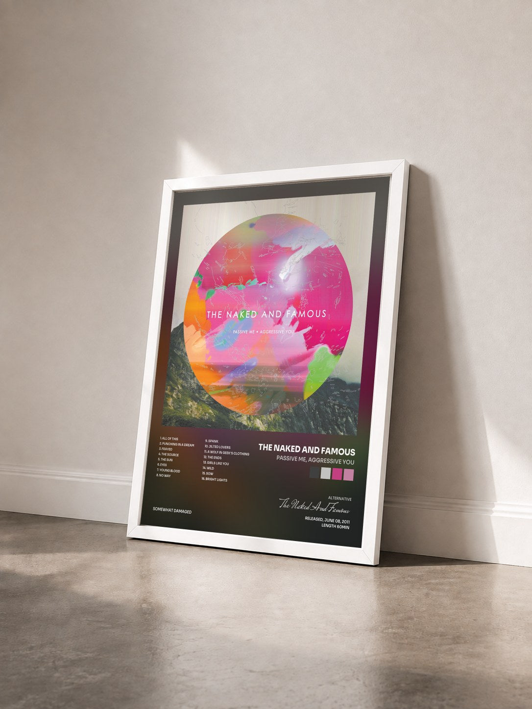 #blanc Tableau de l'album Passive Me, Aggressive You de The Naked And Famous vu de trois quarts, cadre blanc
