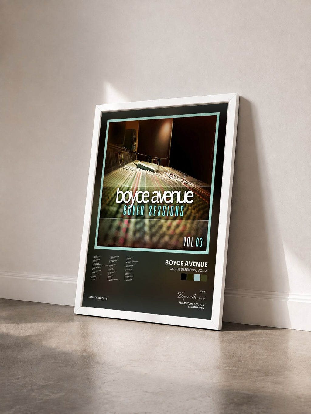#blanc Tableau de l'album Cover Sessions, Vol. 3 de Boyce Avenue vu de trois quarts, cadre blanc