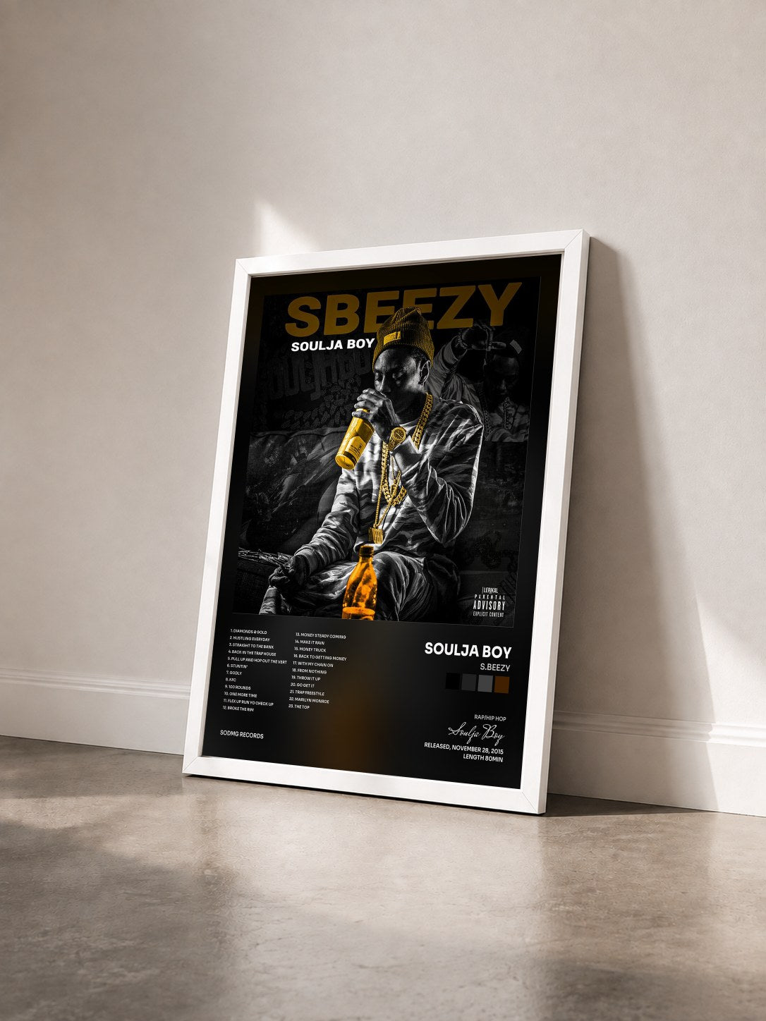 #blanc S.Beezy by Soulja Boy as a framed art print seen at an angle, white frame