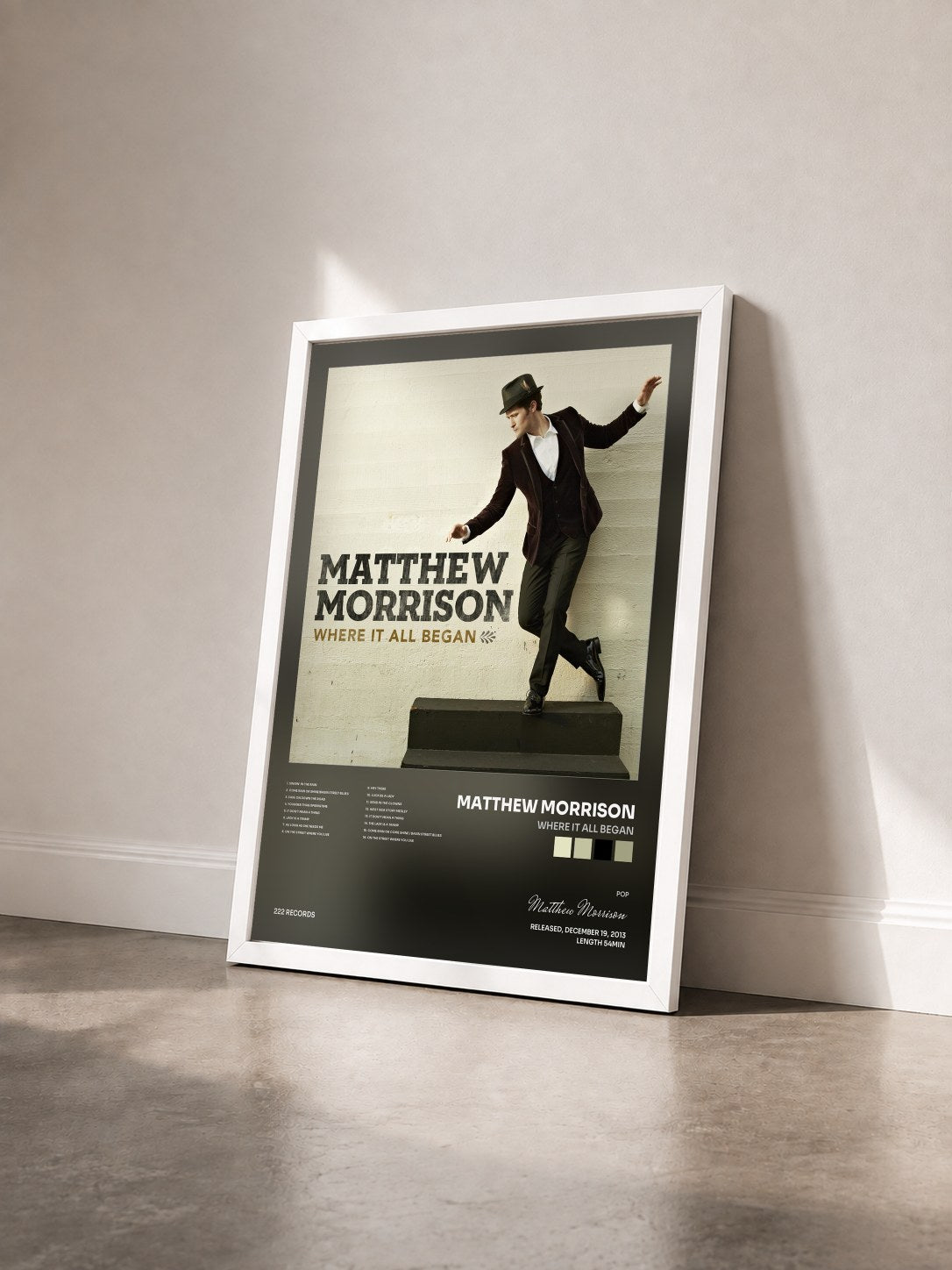 #blanc Tableau de l'album Where It All Began de Matthew Morrison vu de trois quarts, cadre blanc