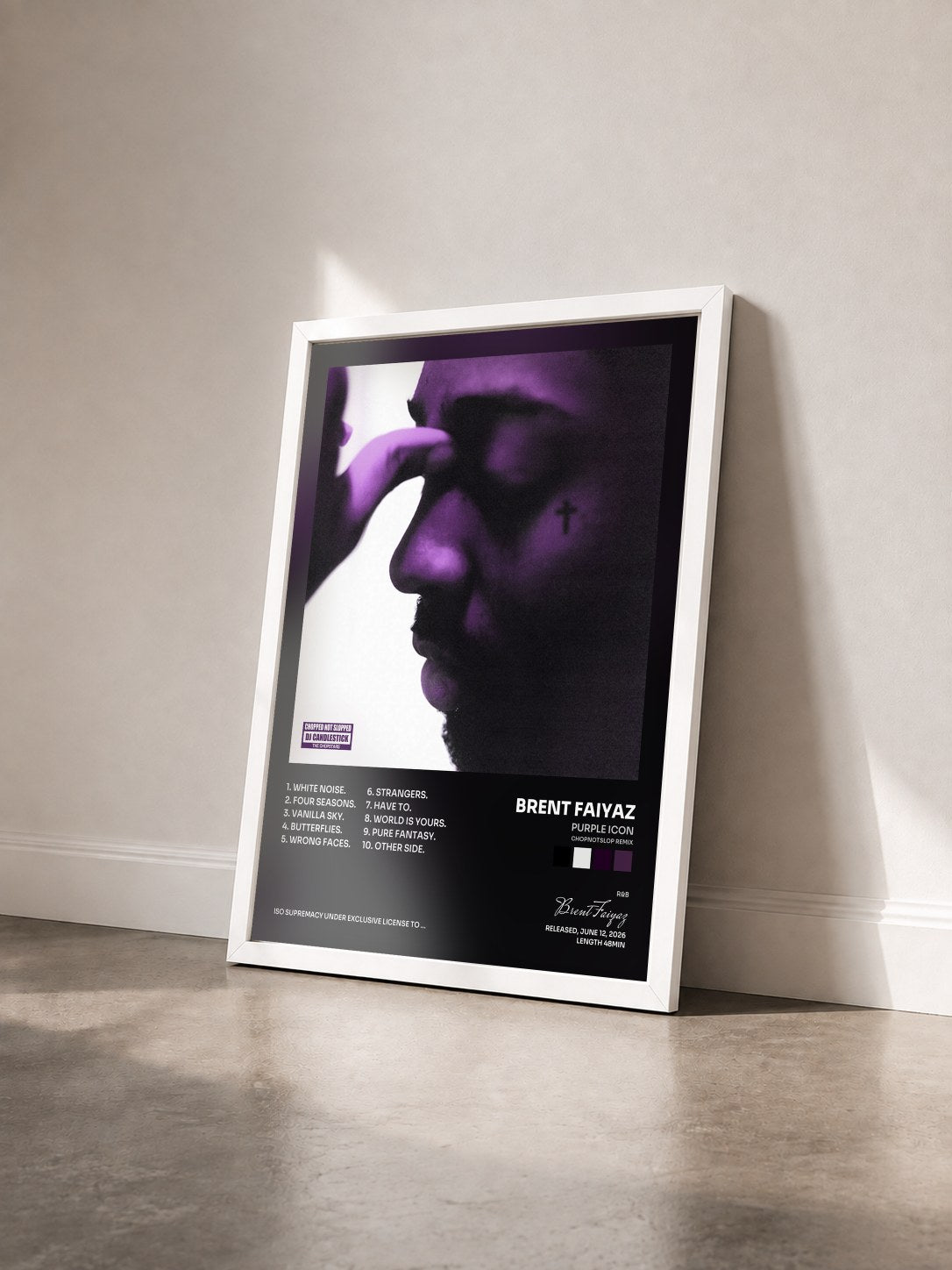 #blanc Tableau de l'album PURPLE ICON (CHOPNOTSLOP REMIX) de Brent Faiyaz vu de trois quarts, cadre blanc