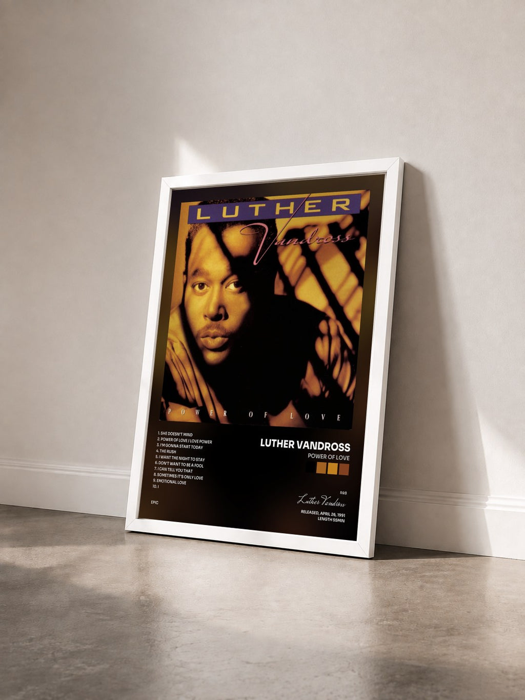 #blanc Tableau de l'album Power Of Love de Luther Vandross vu de trois quarts, cadre blanc