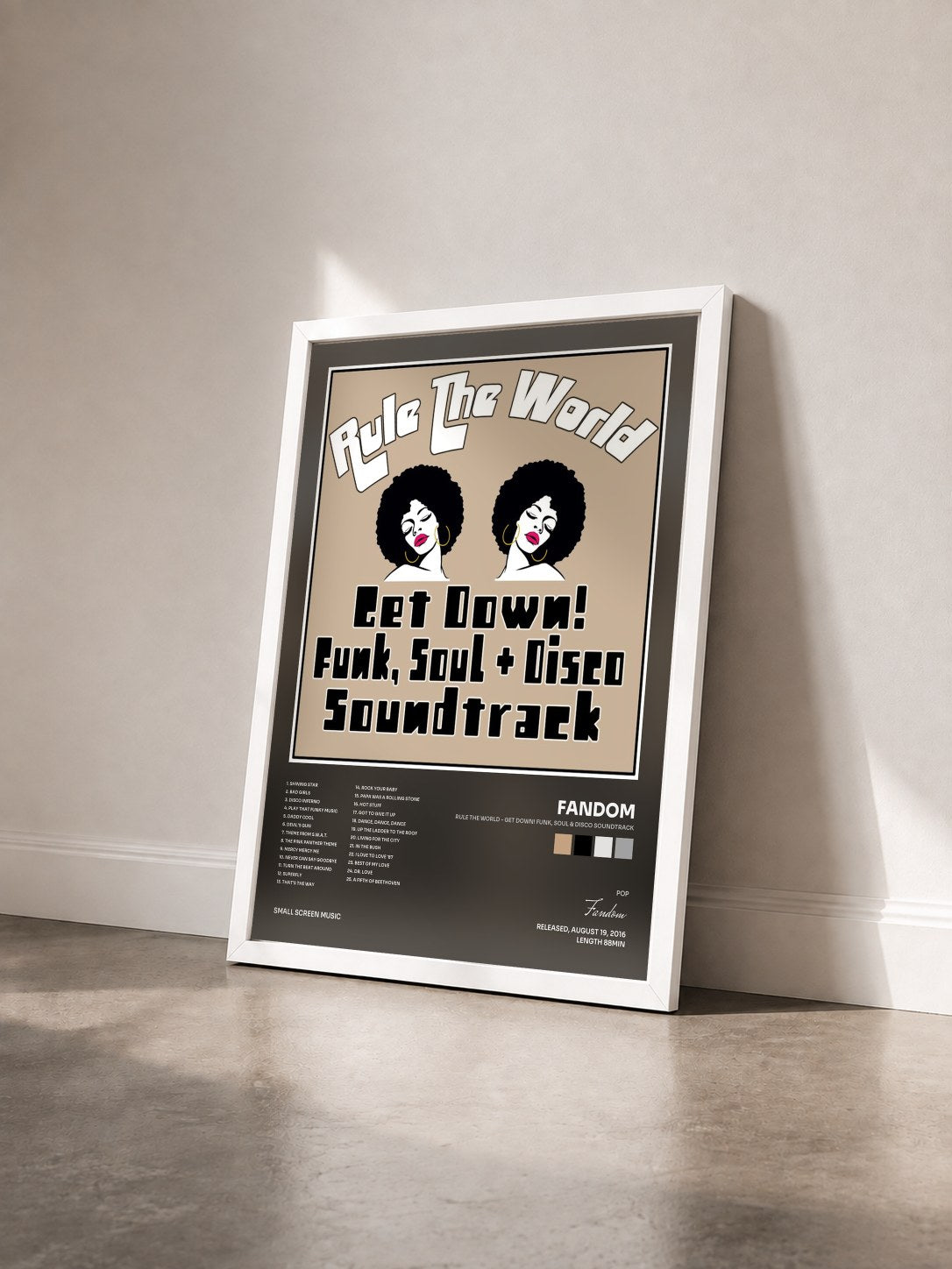 #blanc Tableau de l'album Rule the World - Get Down! Funk, Soul & Disco Soundtrack de Fandom vu de trois quarts, cadre blanc