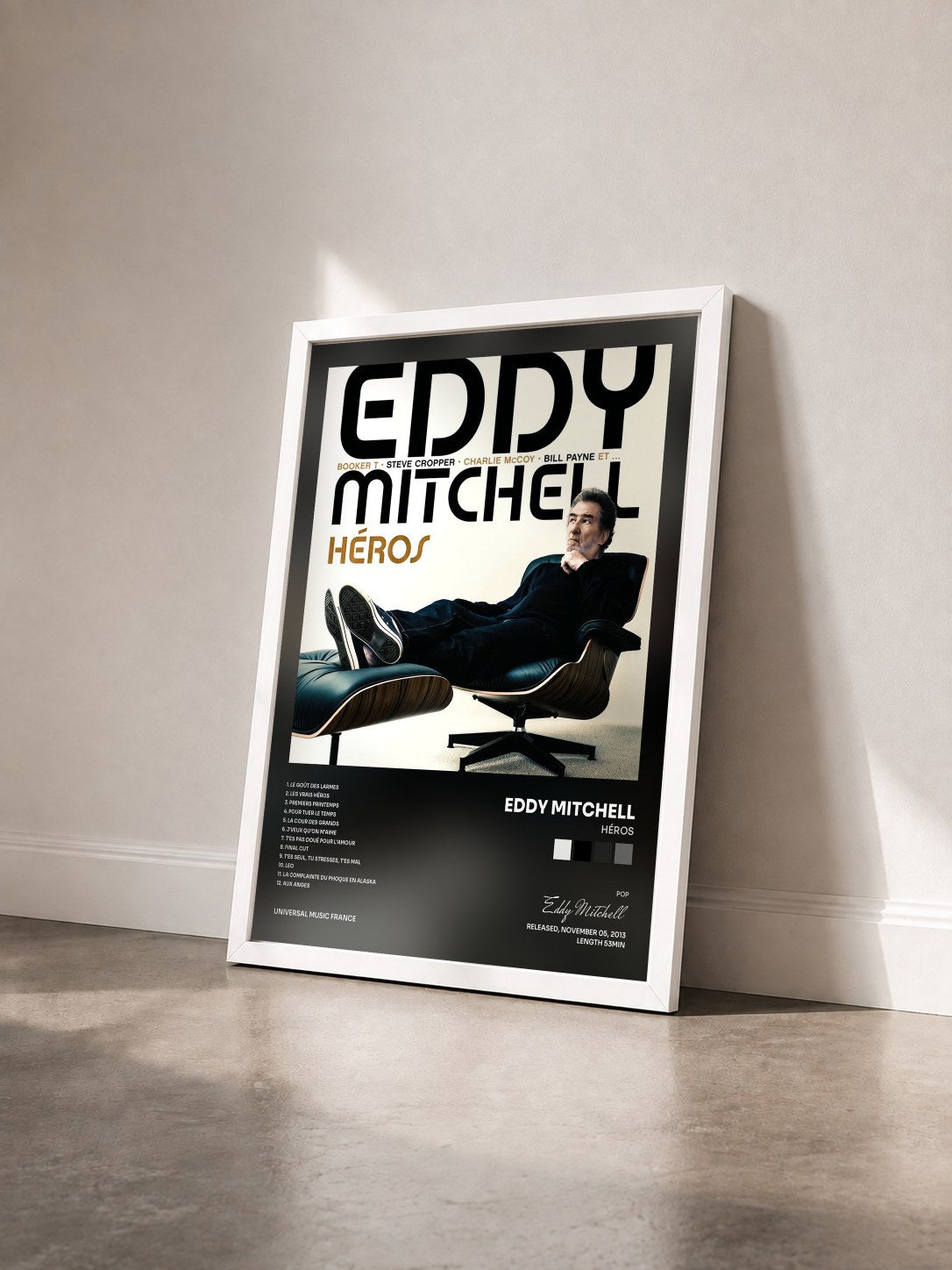 #blanc Tableau de l'album Héros de Eddy Mitchell vu de trois quarts, cadre blanc