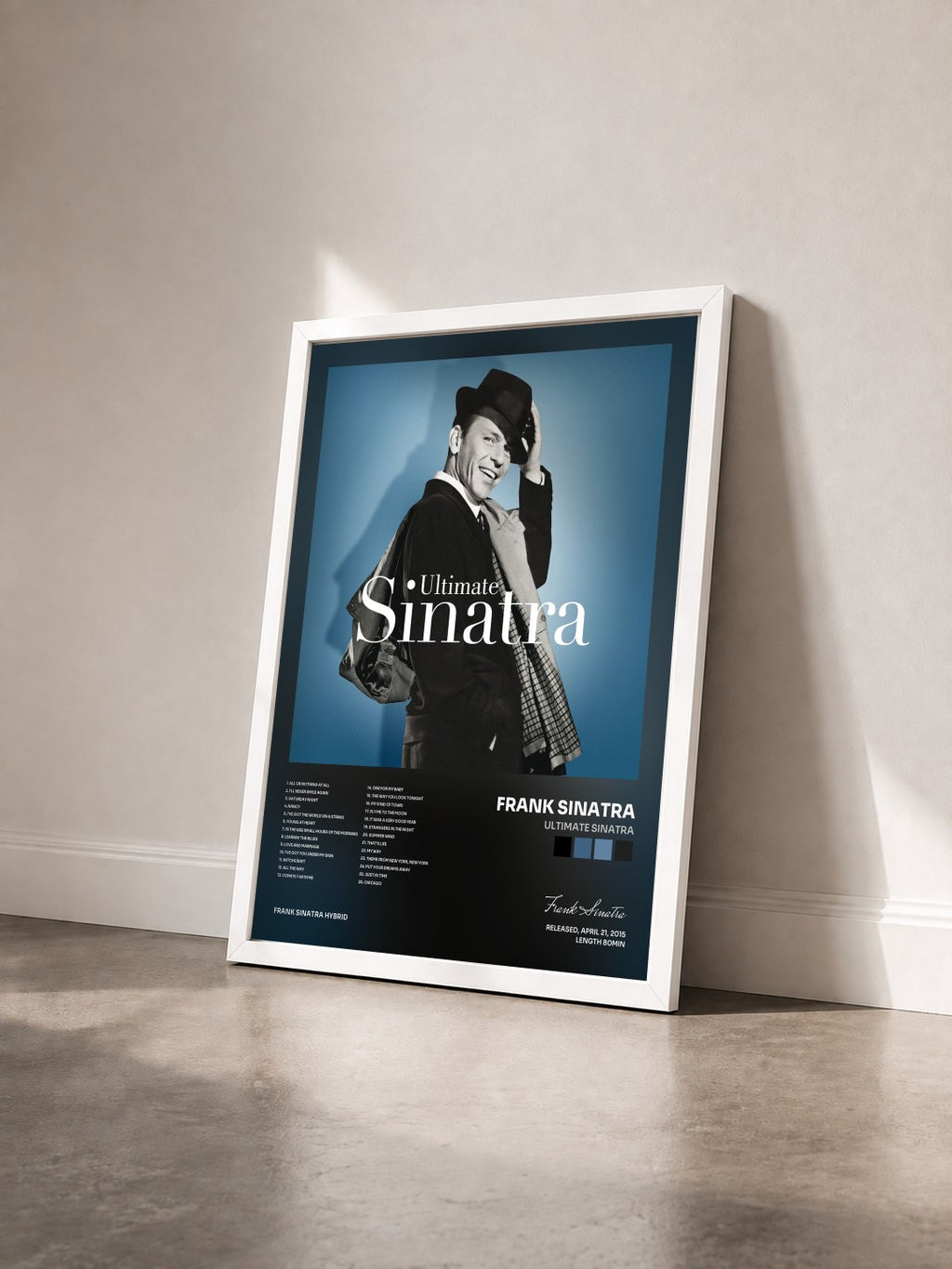 #blanc Ultimate Sinatra de Frank Sinatra en lámina enmarcada vista de tres cuartos, marco blanco