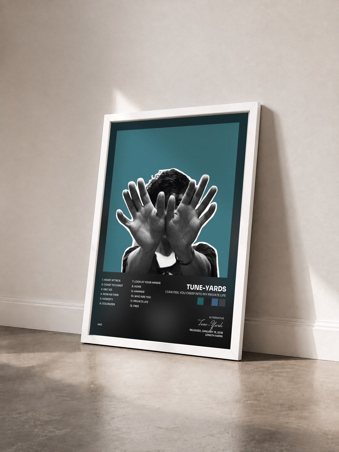 #blanc Tableau de l'album I can feel you creep into my private life de Tune-Yards vu de trois quarts, cadre blanc