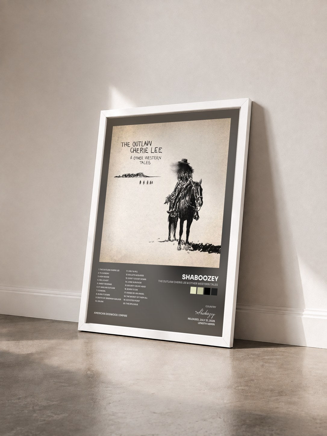 #blanc Tableau de l'album The Outlaw Cherie Lee & Other Western Tales de Shaboozey vu de trois quarts, cadre blanc