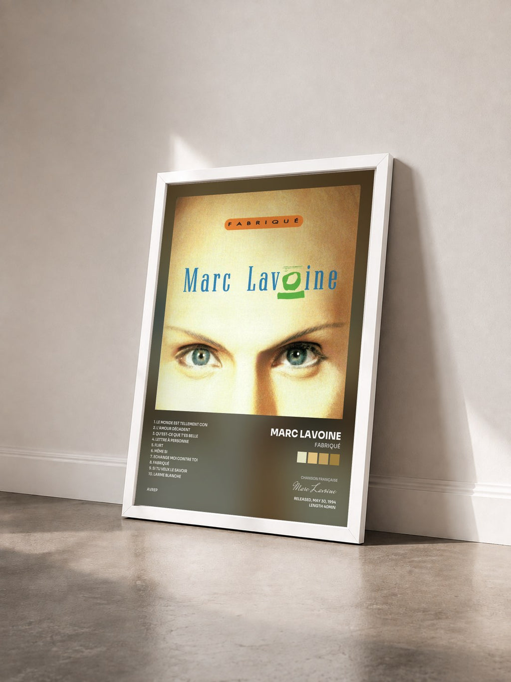 #blanc Fabriqué di Marc Lavoine in stampa incorniciata vista di tre quarti, cornice bianca