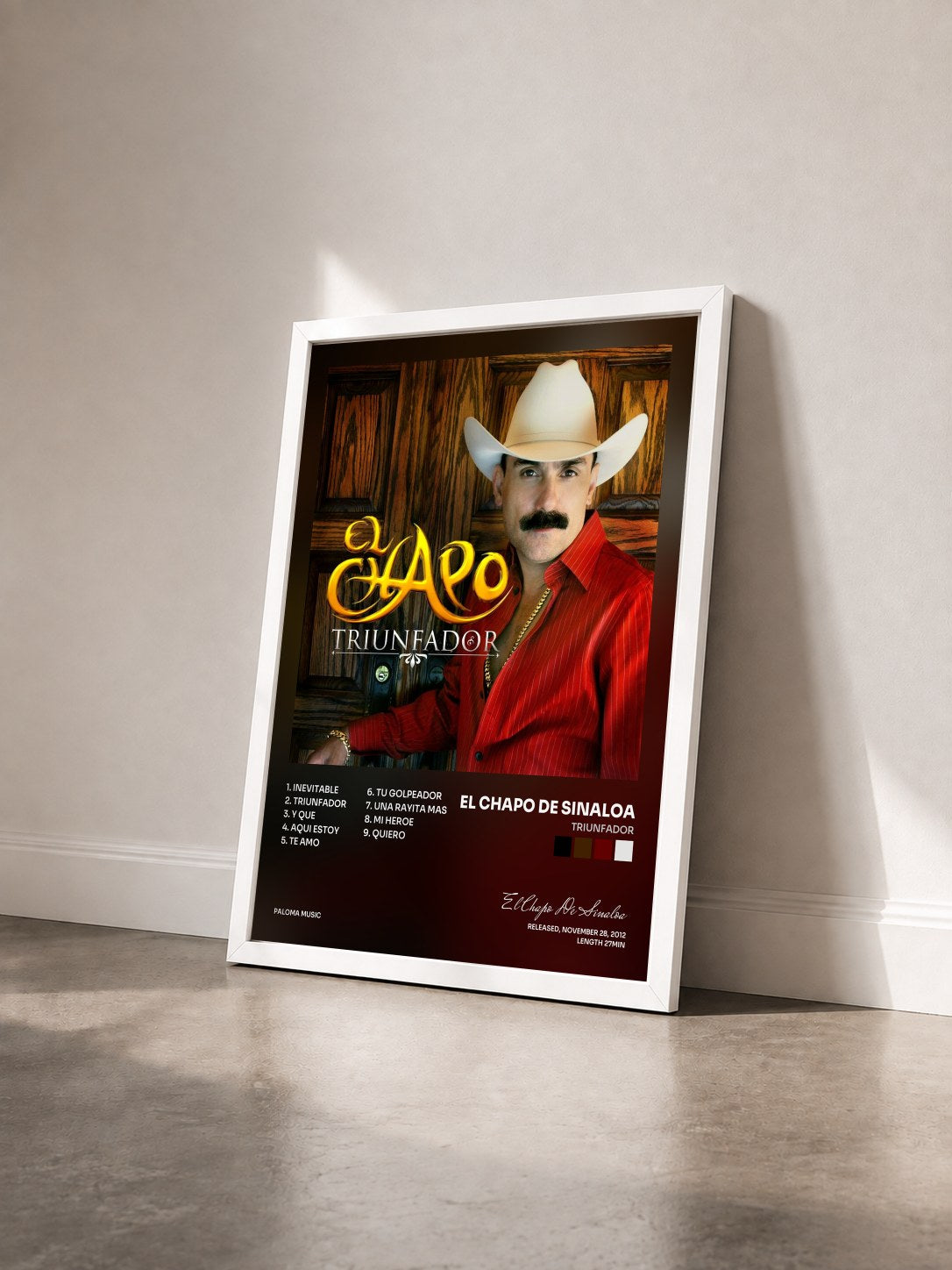 #blanc Tableau de l'album Triunfador de El Chapo De Sinaloa vu de trois quarts, cadre blanc