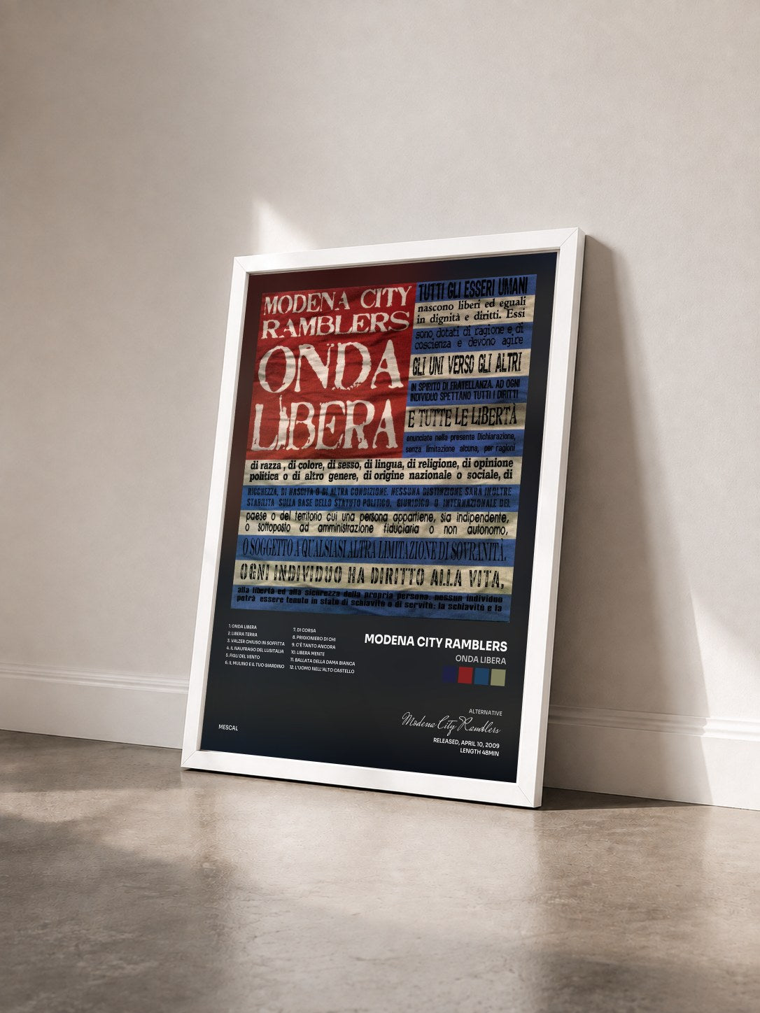#blanc Tableau de l'album Onda libera de Modena City Ramblers vu de trois quarts, cadre blanc