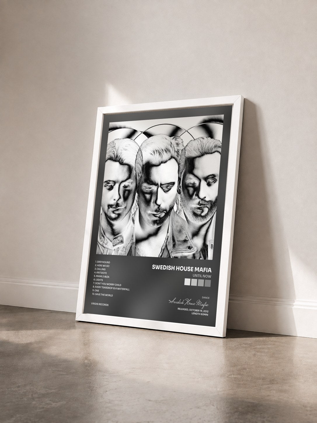 #blanc Until Now by Swedish House Mafia as a framed art print seen at an angle, white frame