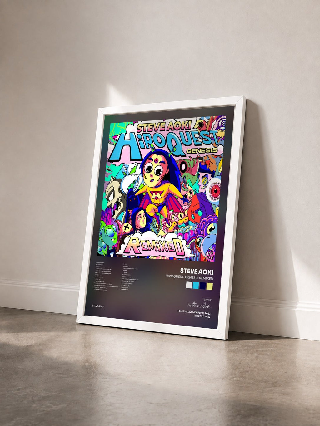 #blanc Tableau de l'album HiROQUEST: Genesis Remixed de Steve Aoki vu de trois quarts, cadre blanc