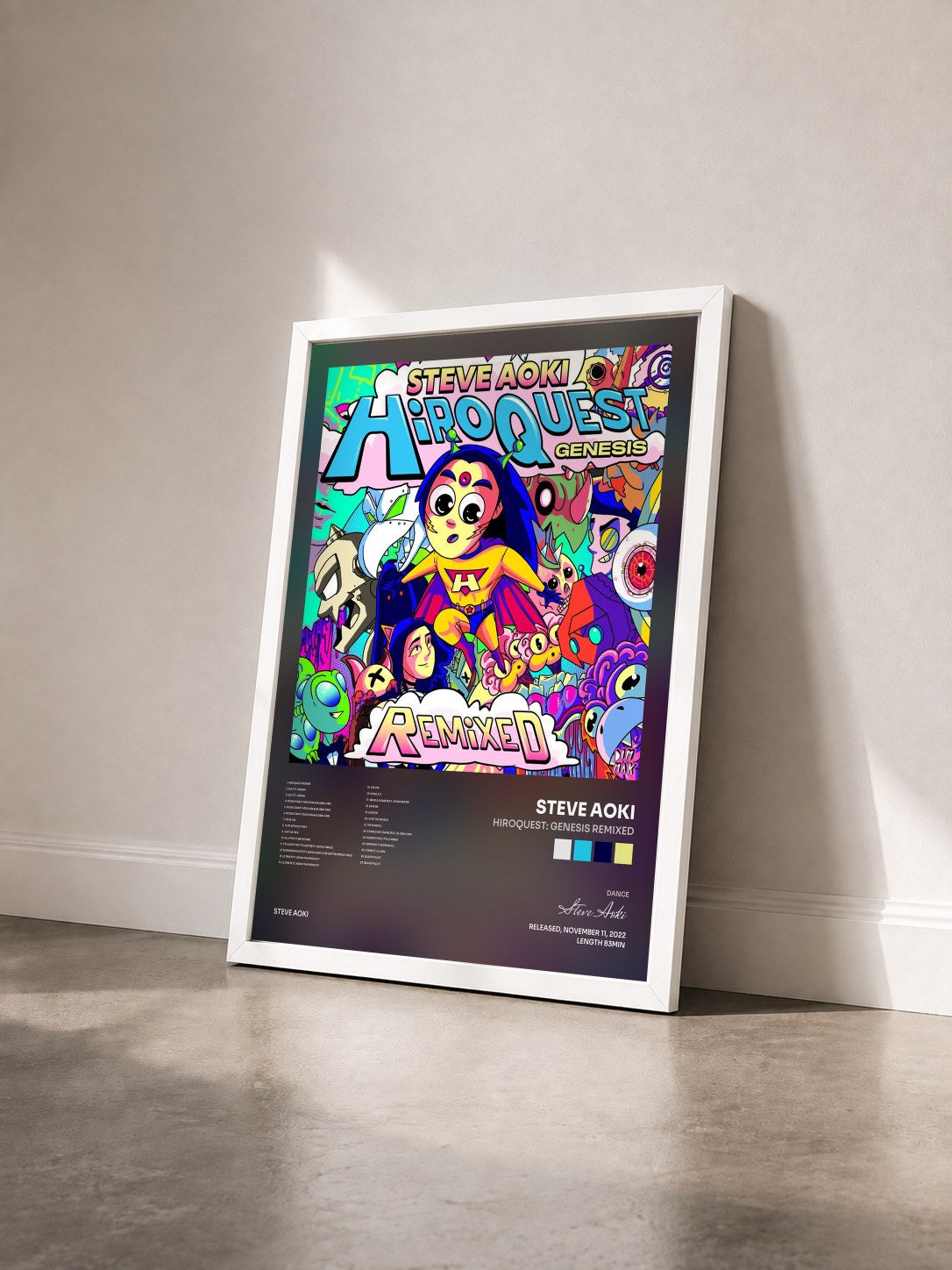 #blanc Tableau de l'album HiROQUEST: Genesis Remixed de Steve Aoki vu de trois quarts, cadre blanc