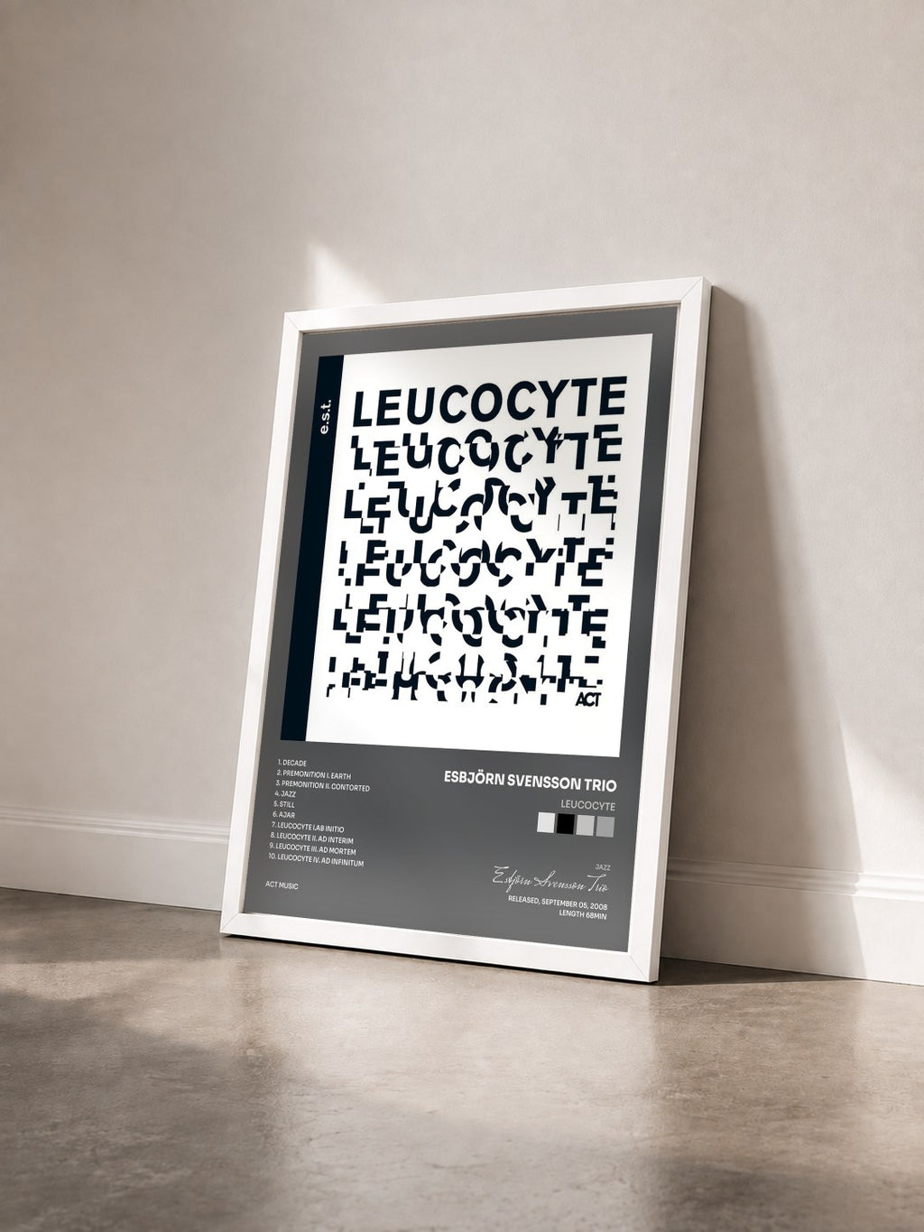 #blanc Tableau de l'album Leucocyte de Esbjörn Svensson Trio vu de trois quarts, cadre blanc