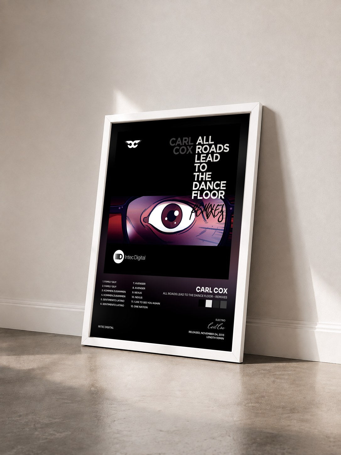 #blanc Tableau de l'album All Roads Lead to the Dance Floor - Remixes de Carl Cox vu de trois quarts, cadre blanc