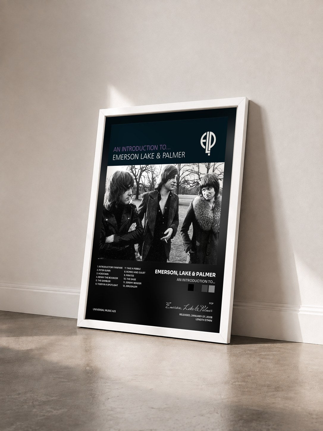 #blanc Tableau de l'album An Introduction To... de Emerson, Lake & Palmer vu de trois quarts, cadre blanc