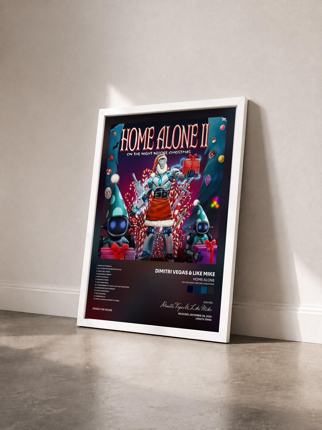 #blanc Tableau de l'album Home Alone (On The Night Before Christmas) Vol.2 de Dimitri Vegas & Like Mike vu de trois quarts, cadre blanc