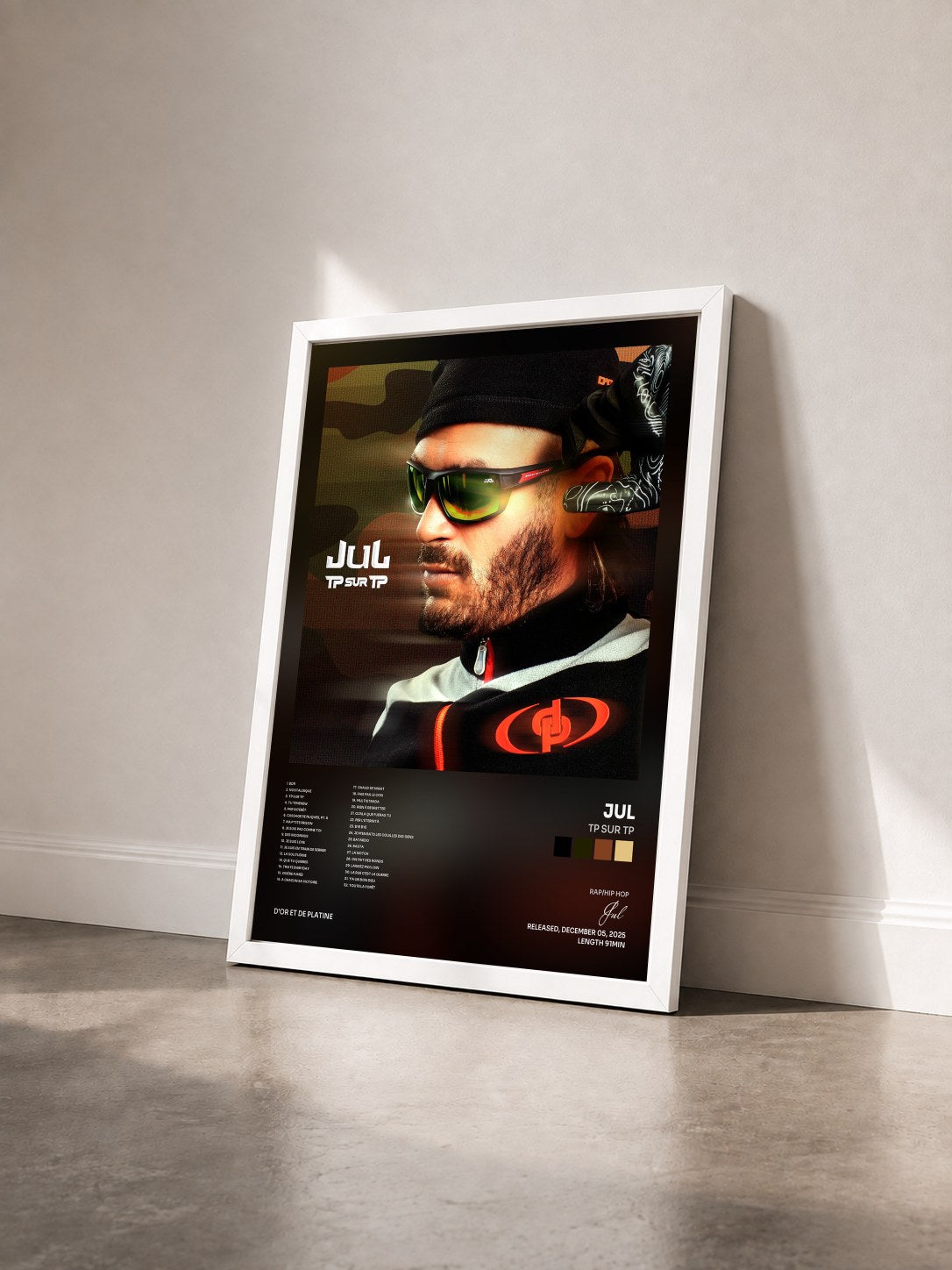 #blanc Tableau de l'album TP sur TP de Jul vu de trois quarts, cadre blanc