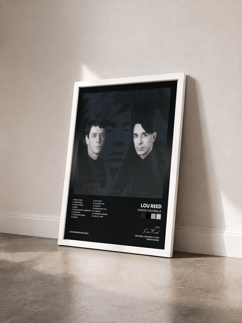 #blanc Tableau de l'album Songs For Drella de Lou Reed vu de trois quarts, cadre blanc