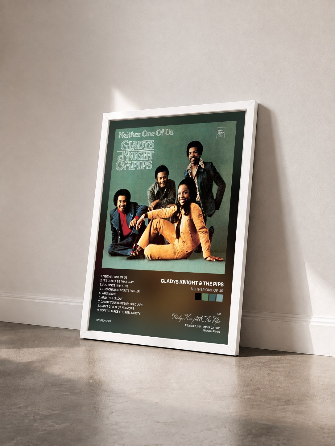#blanc Tableau de l'album Neither One Of Us de Gladys Knight & The Pips vu de trois quarts, cadre blanc