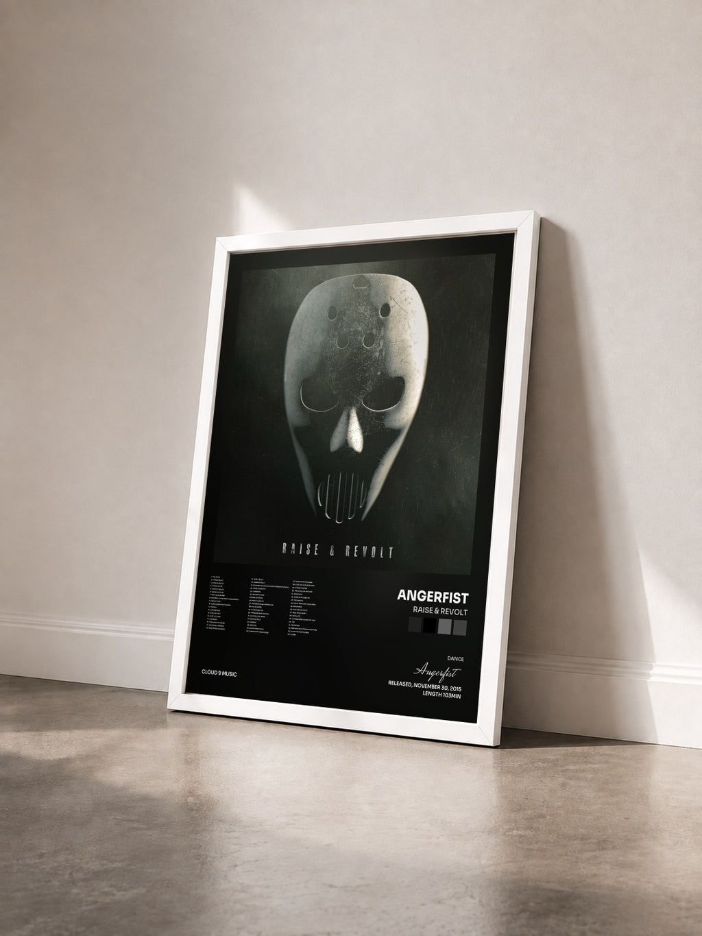 #blanc Raise & Revolt by Angerfist as a framed art print seen at an angle, white frame