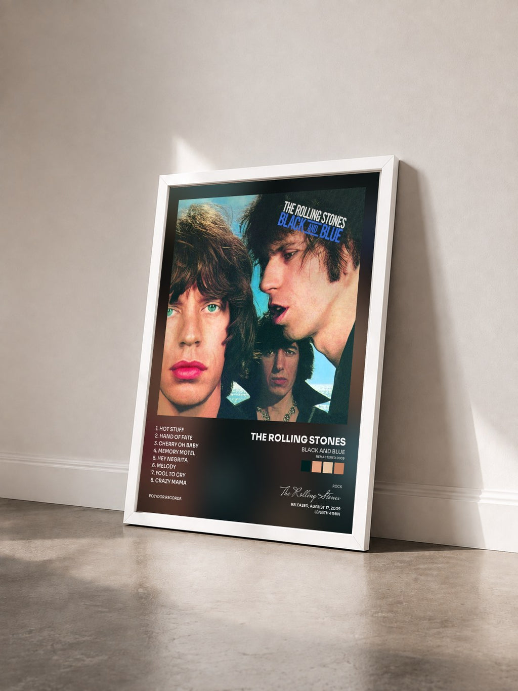 #blanc Tableau de l'album Black And Blue (Remastered 2009) de The Rolling Stones vu de trois quarts, cadre blanc