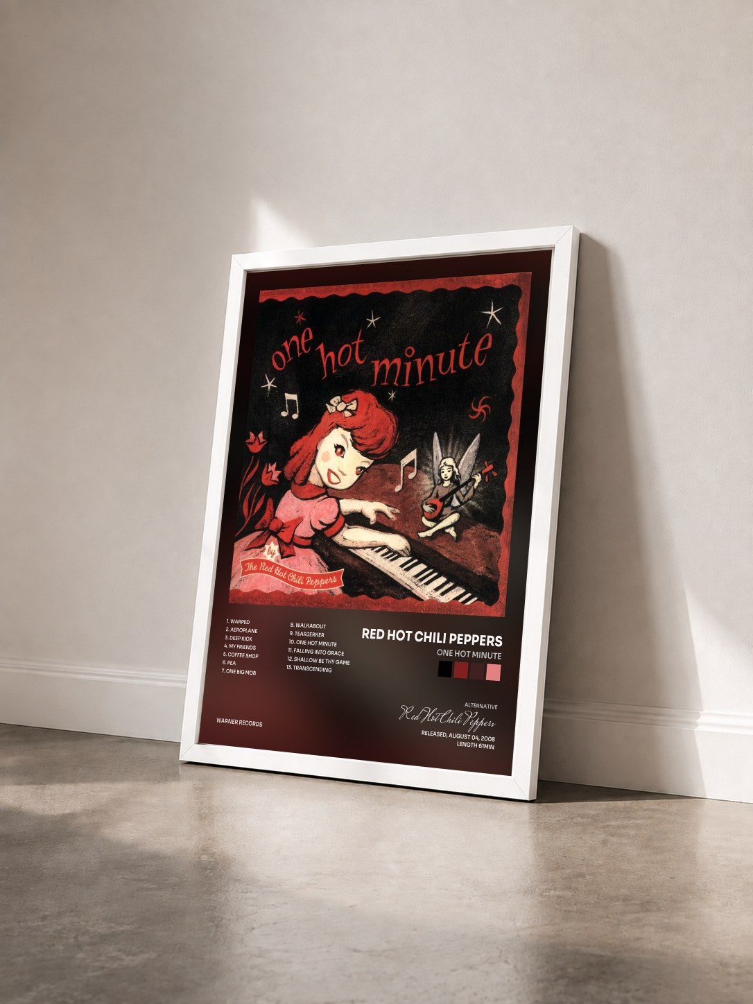 #blanc Tableau de l'album One Hot Minute de Red Hot Chili Peppers vu de trois quarts, cadre blanc