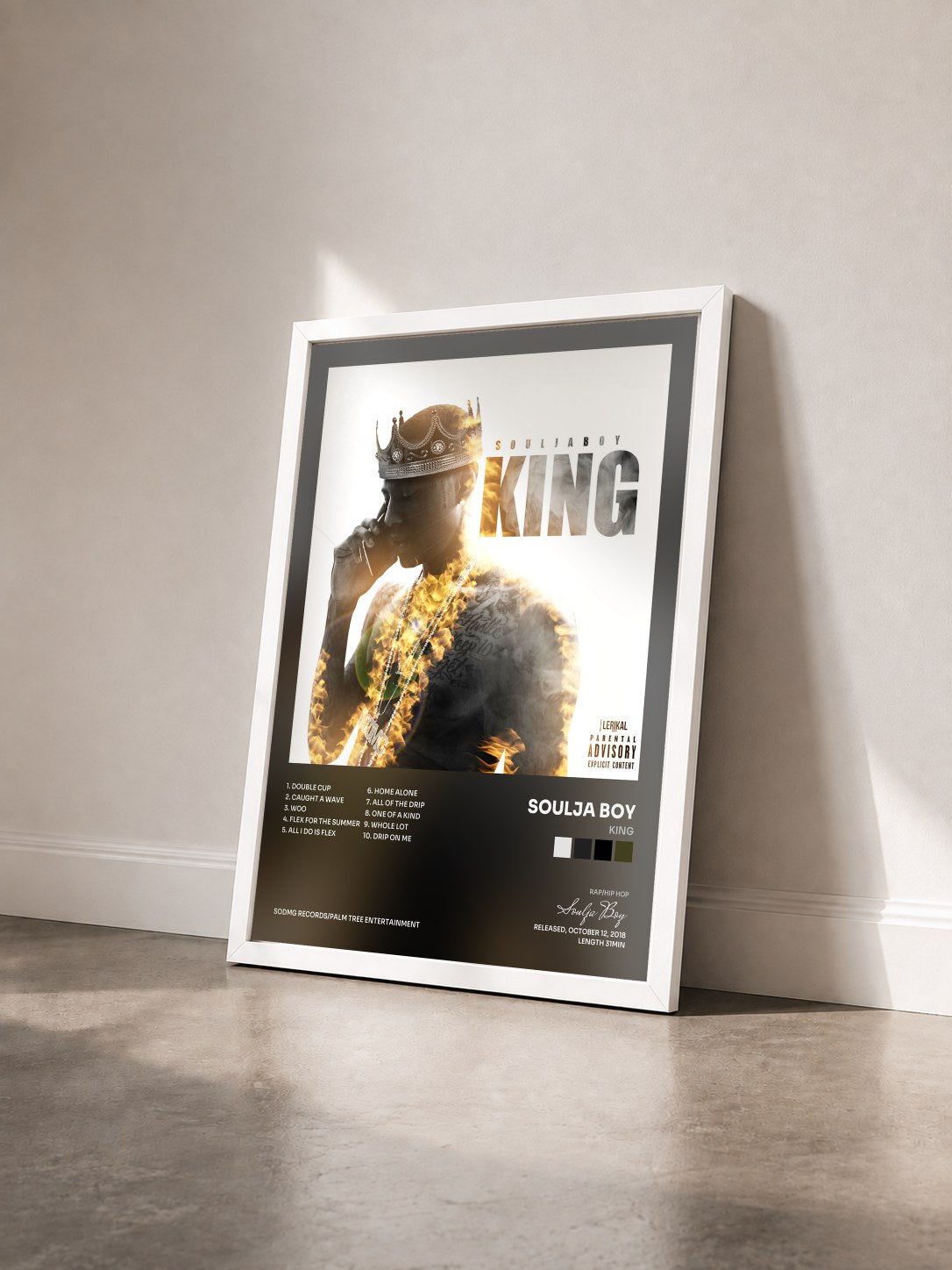 #blanc King by Soulja Boy as a framed art print seen at an angle, white frame