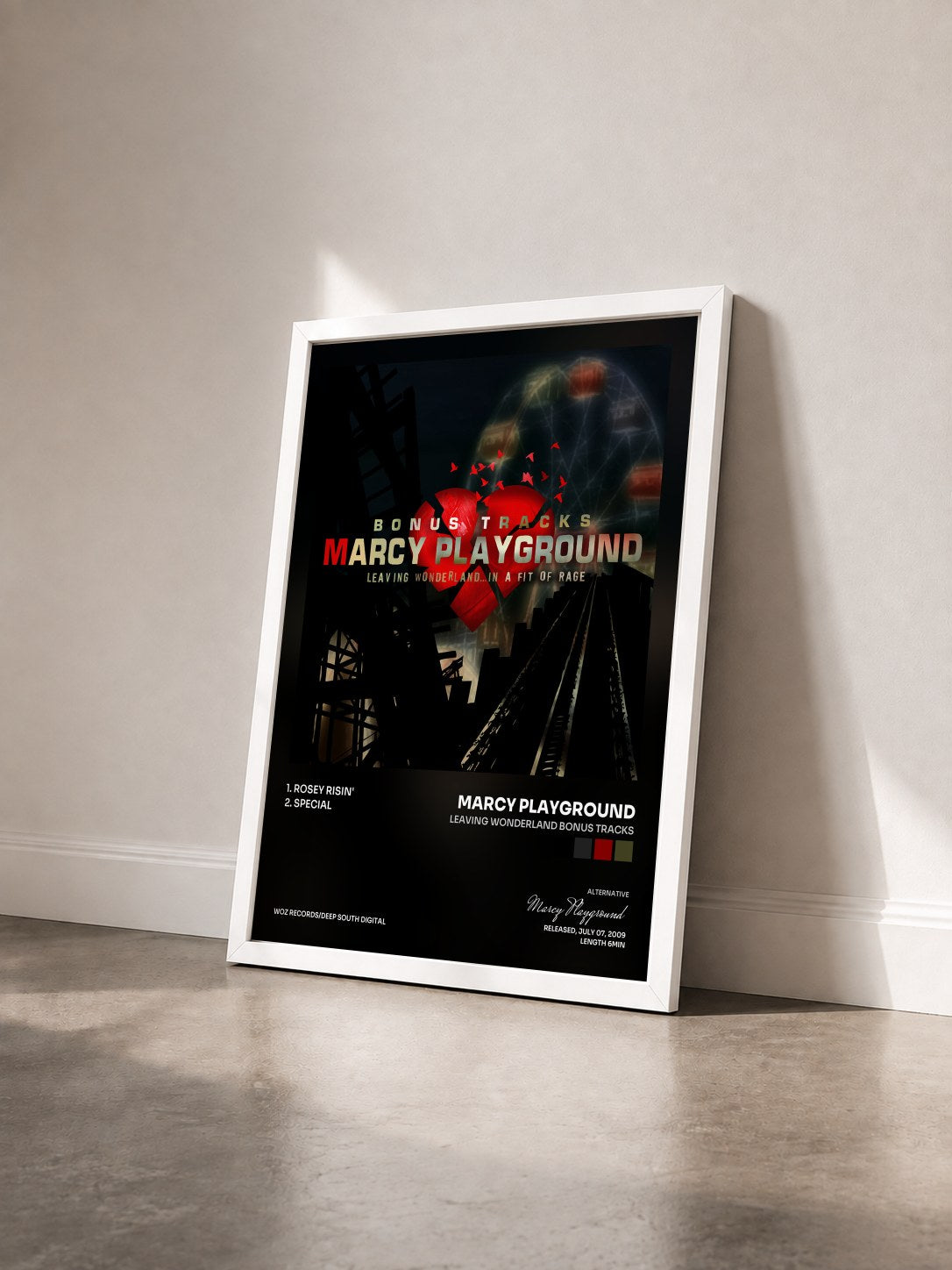 #blanc Tableau de l'album Leaving Wonderland Bonus Tracks de Marcy Playground vu de trois quarts, cadre blanc