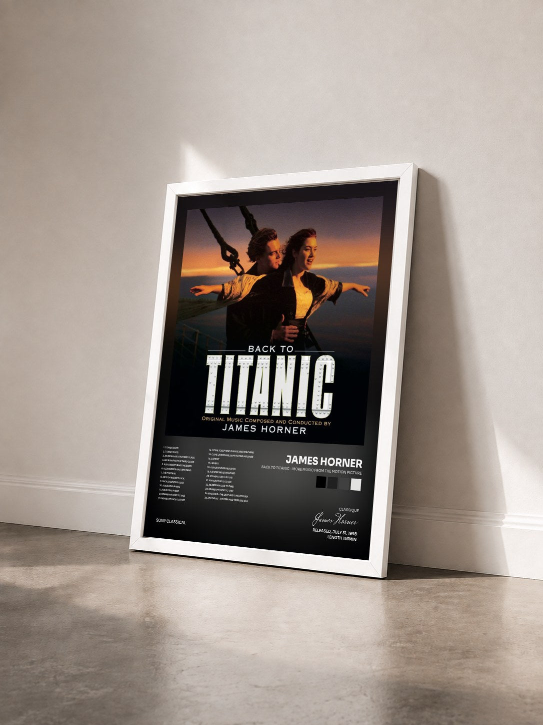 #blanc Tableau de l'album Back to Titanic - More Music from the Motion Picture de James Horner vu de trois quarts, cadre blanc