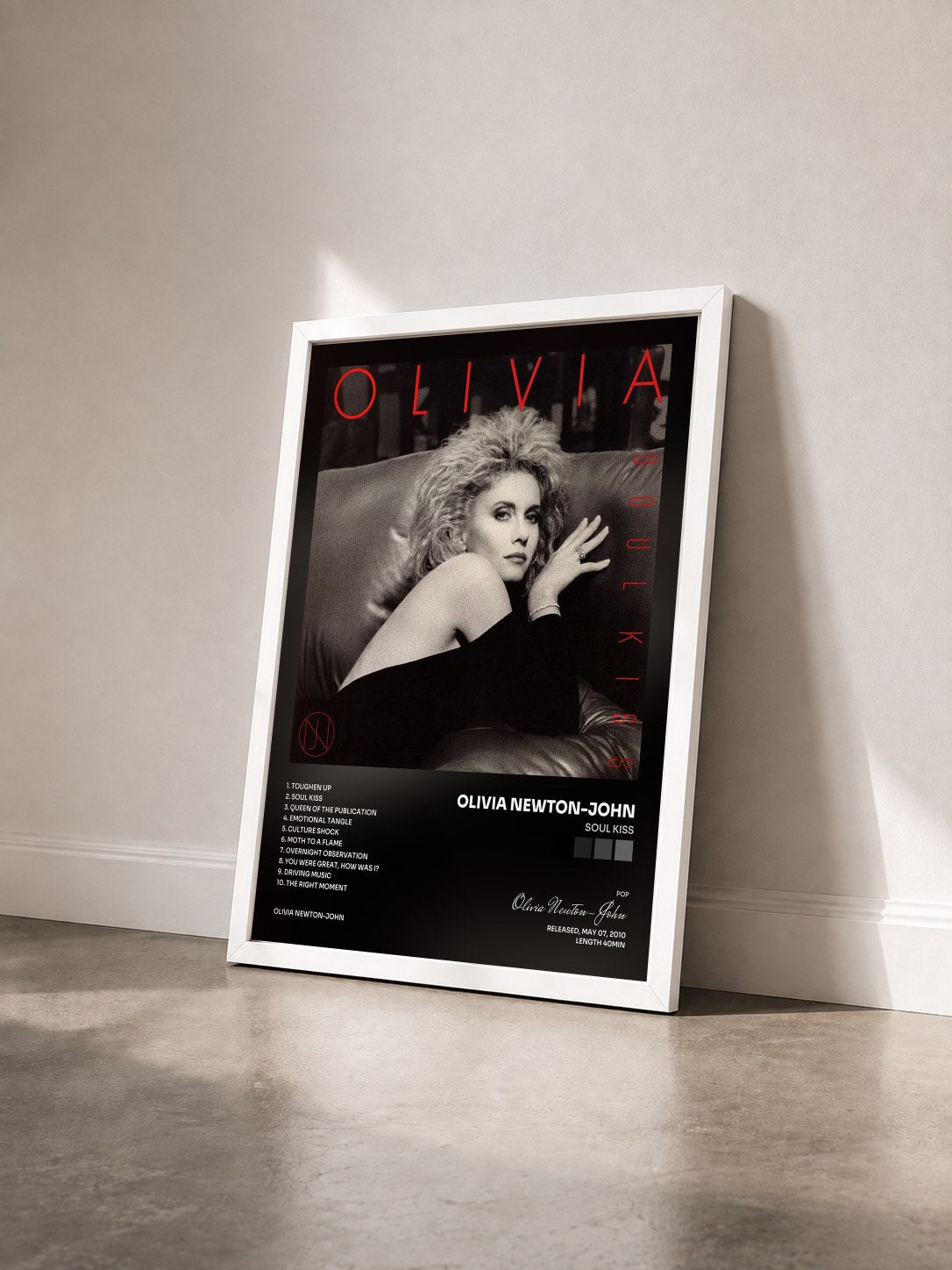 #blanc Tableau de l'album Soul Kiss de Olivia Newton-John vu de trois quarts, cadre blanc