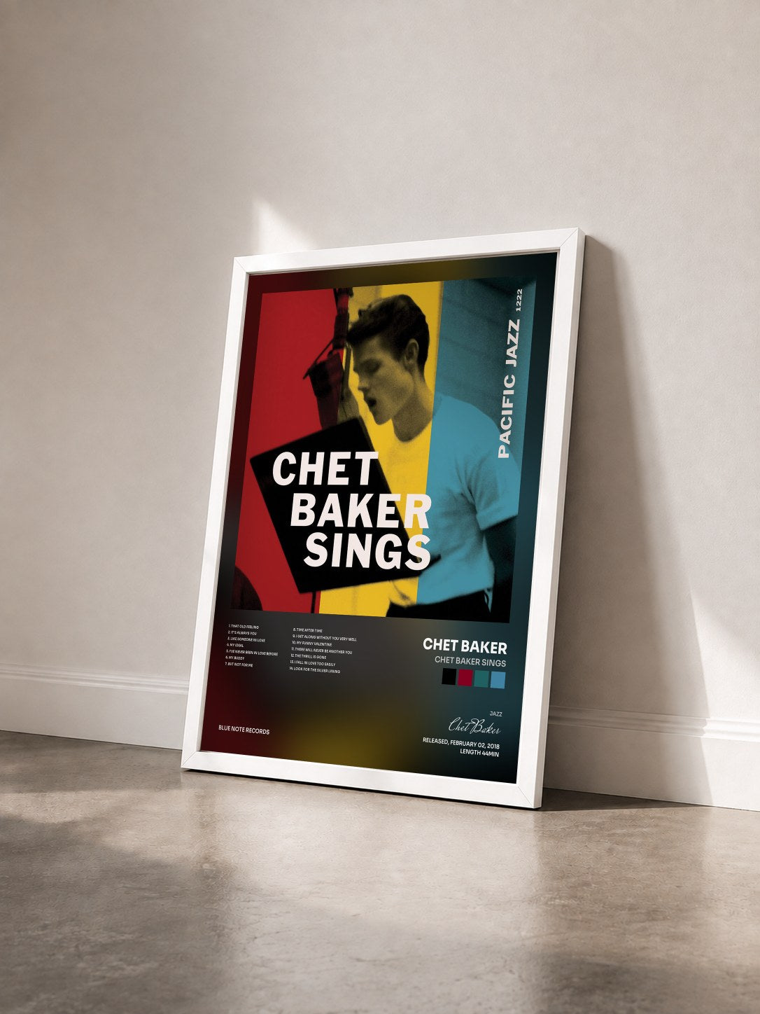 #blanc Tableau de l'album Chet Baker Sings de Chet Baker vu de trois quarts, cadre blanc