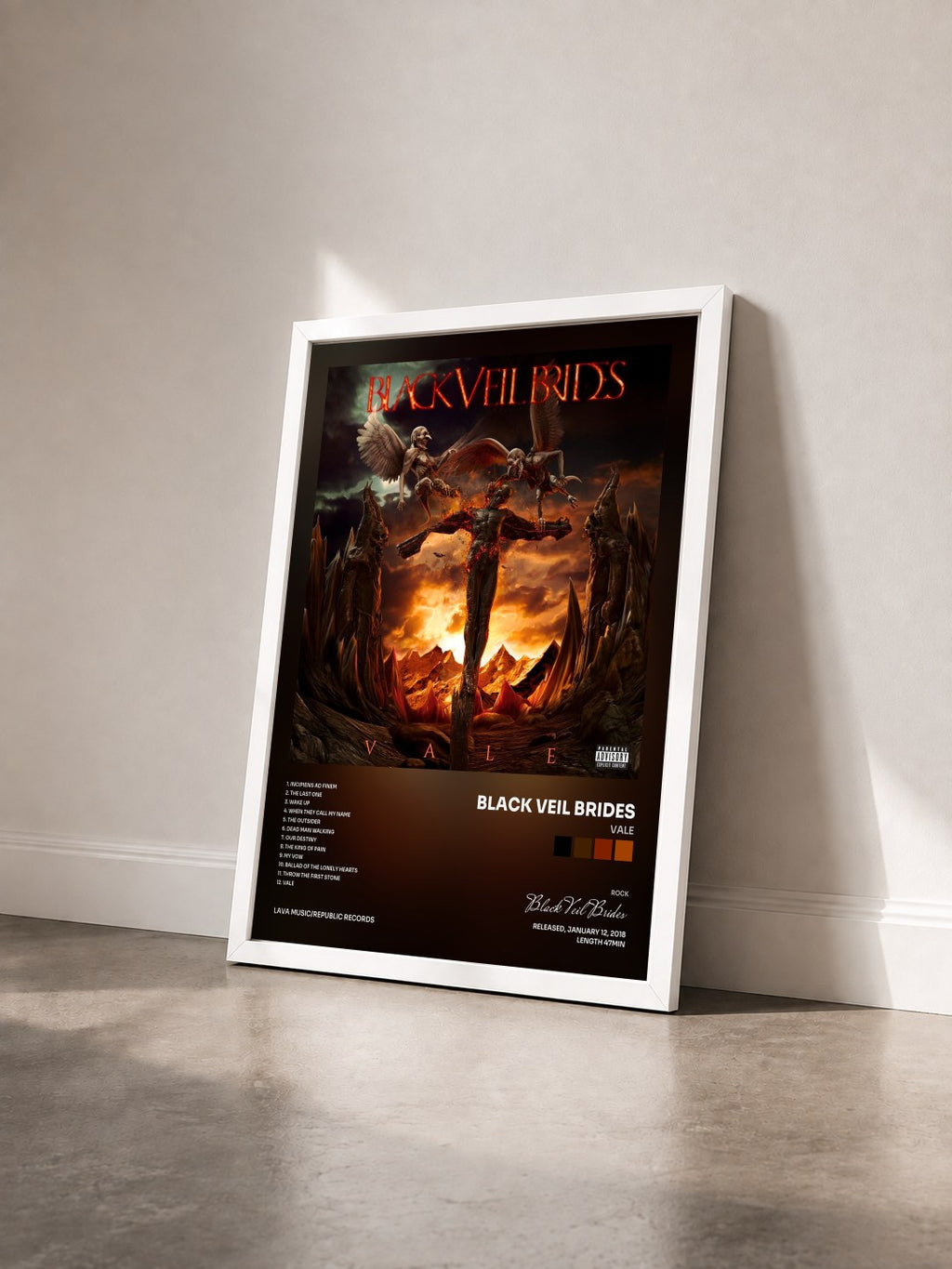 #blanc Vale di Black Veil Brides in stampa incorniciata vista di tre quarti, cornice bianca