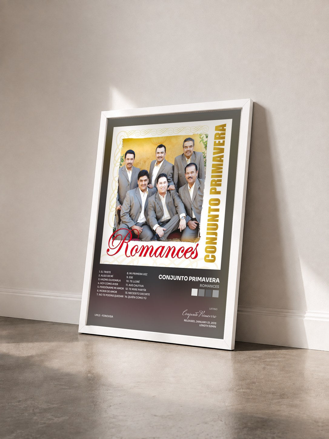 #blanc Tableau de l'album Romances de Conjunto Primavera vu de trois quarts, cadre blanc