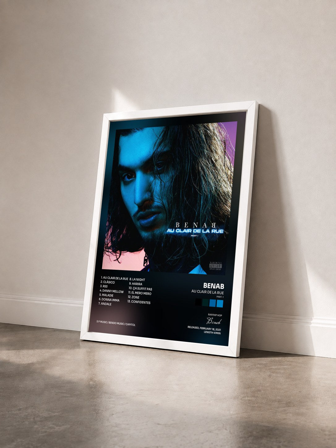 #blanc Au clair by la rue (Part. 1) de Benab as a framed art print seen at an angle, white frame