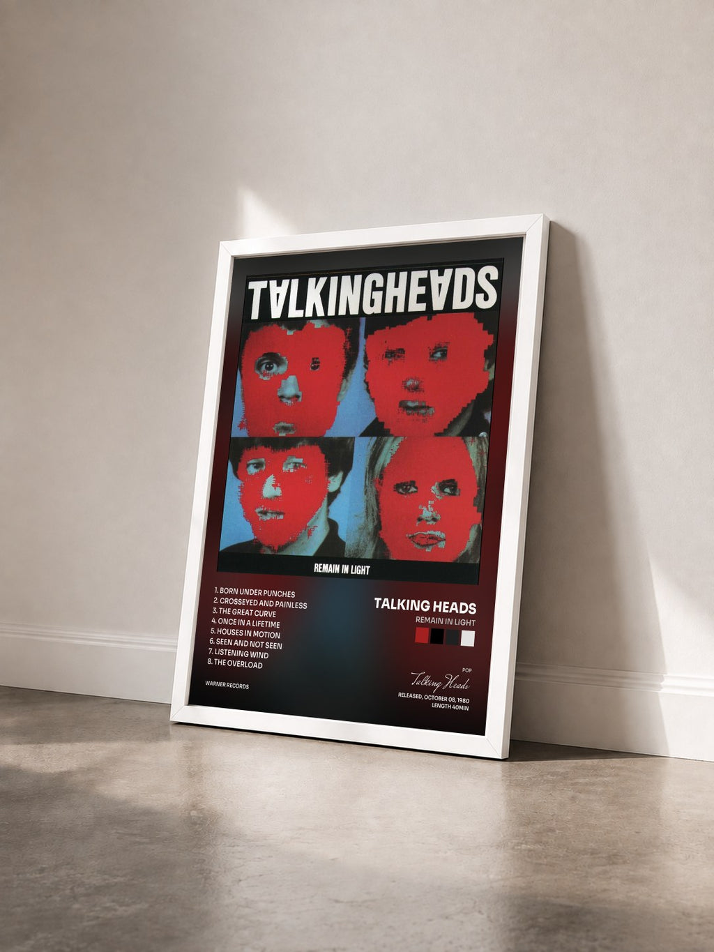#blanc Remain in Light de Talking Heads en lámina enmarcada vista de tres cuartos, marco blanco