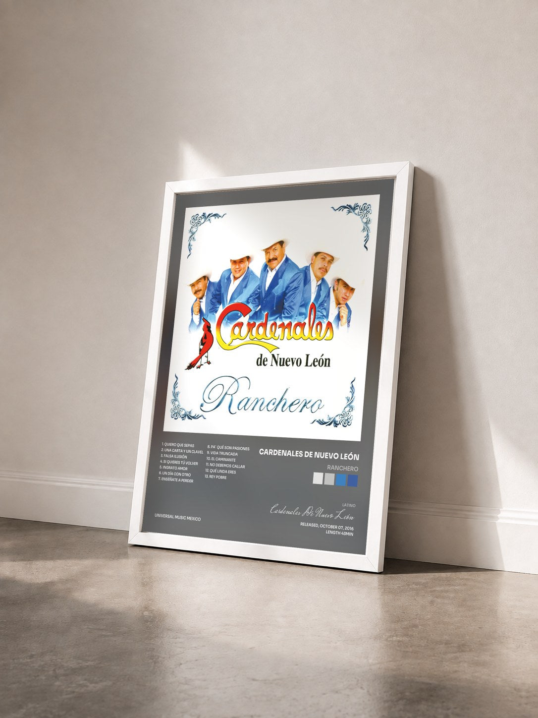 #blanc Tableau de l'album Ranchero de Cardenales De Nuevo León vu de trois quarts, cadre blanc