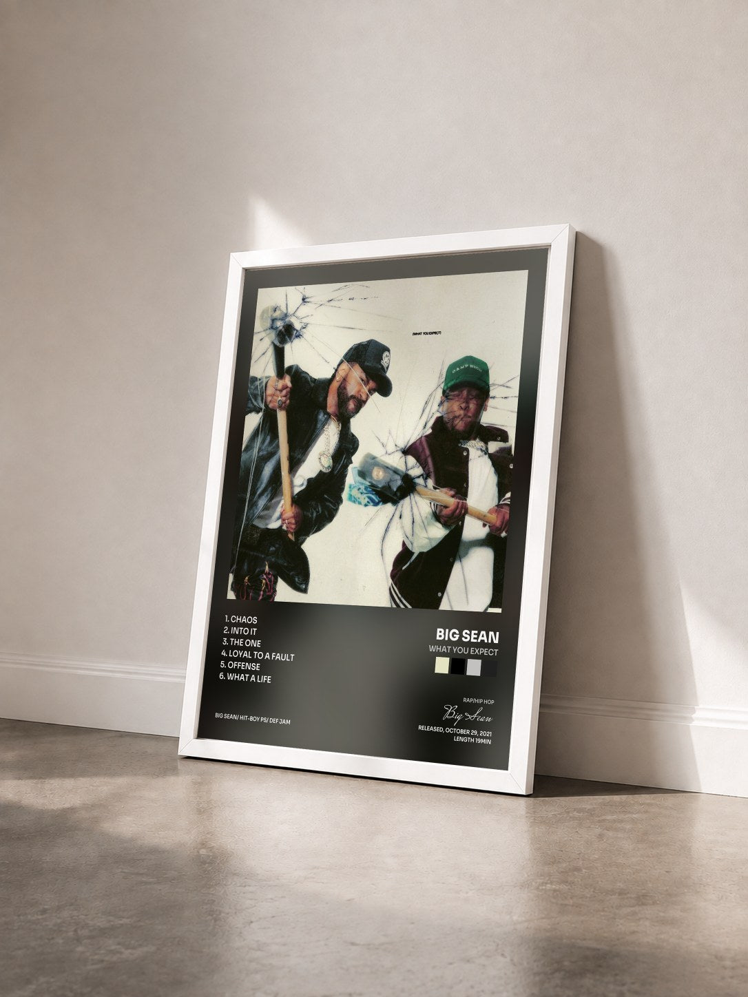 #blanc Tableau de l'album What You Expect de Big Sean vu de trois quarts, cadre blanc