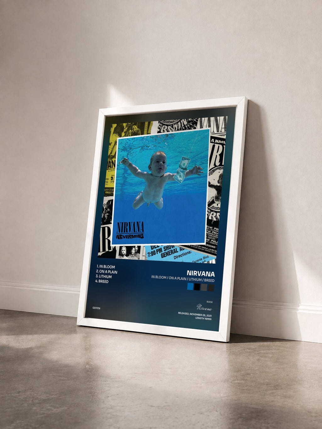 #blanc Tableau de l'album In Bloom / On A Plain / Lithium / Breed de Nirvana vu de trois quarts, cadre blanc