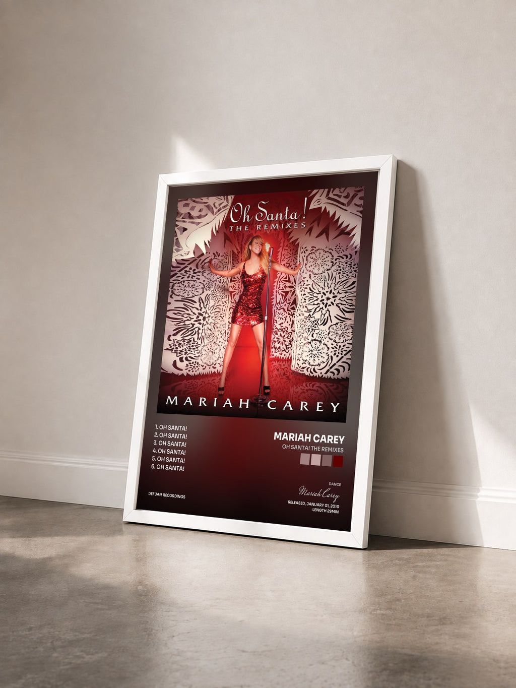 #blanc Tableau de l'album Oh Santa! The Remixes de Mariah Carey vu de trois quarts, cadre blanc