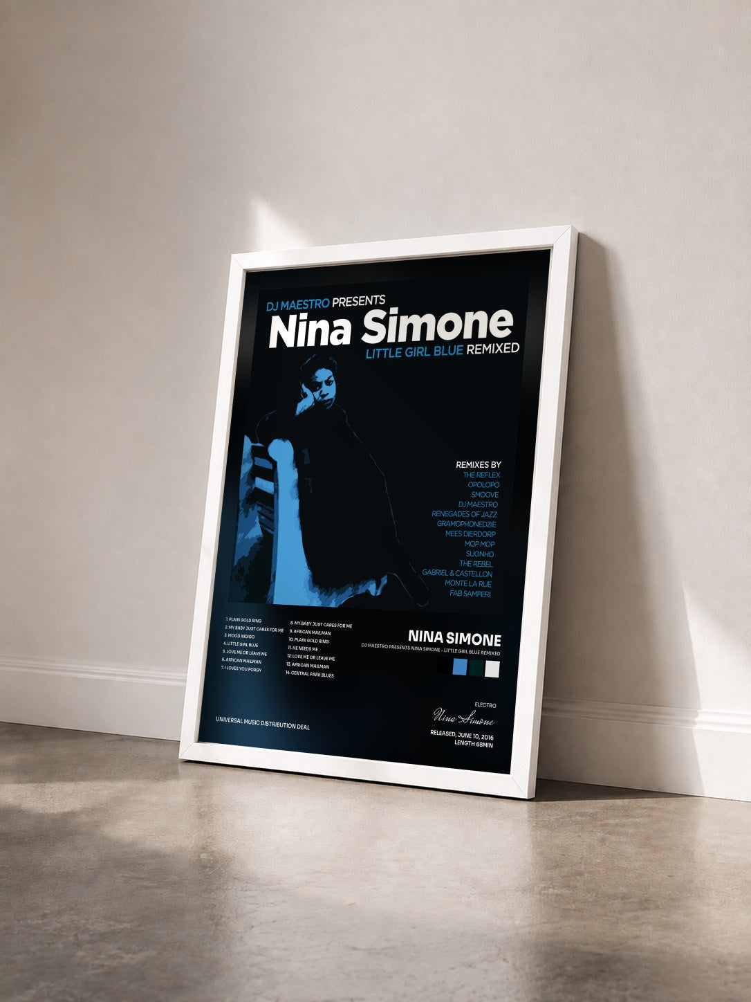 #blanc Tableau de l'album DJ Maestro Presents Nina Simone - Little Girl Blue Remixed de Nina Simone vu de trois quarts, cadre blanc