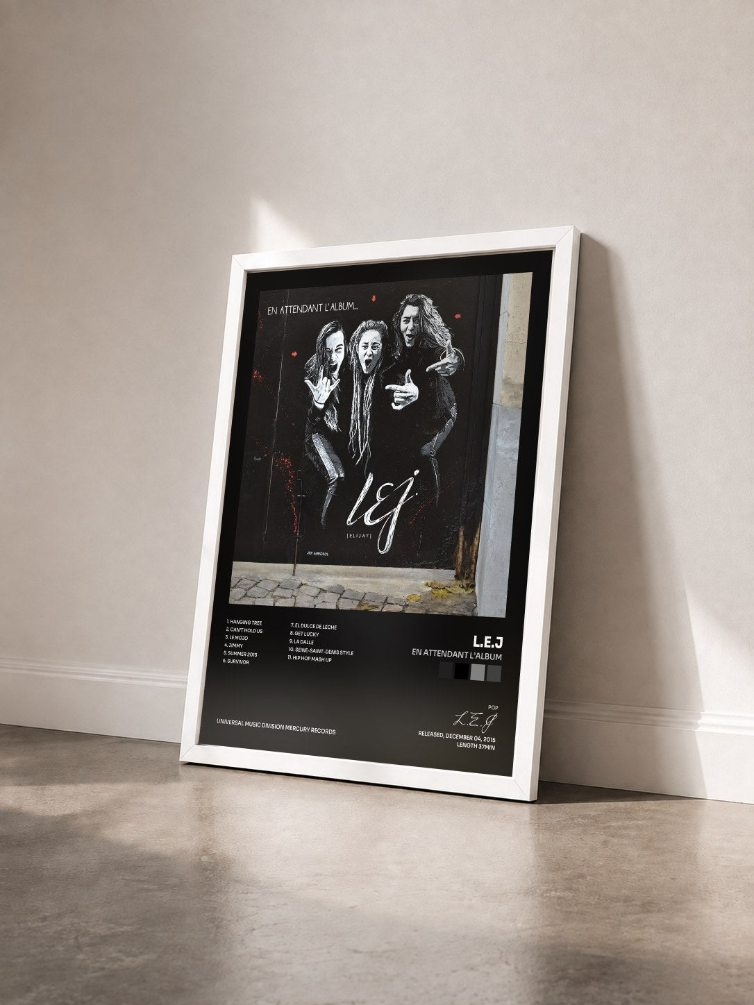 #blanc Tableau de l'album En attendant l’album de L.E.J vu de trois quarts, cadre blanc