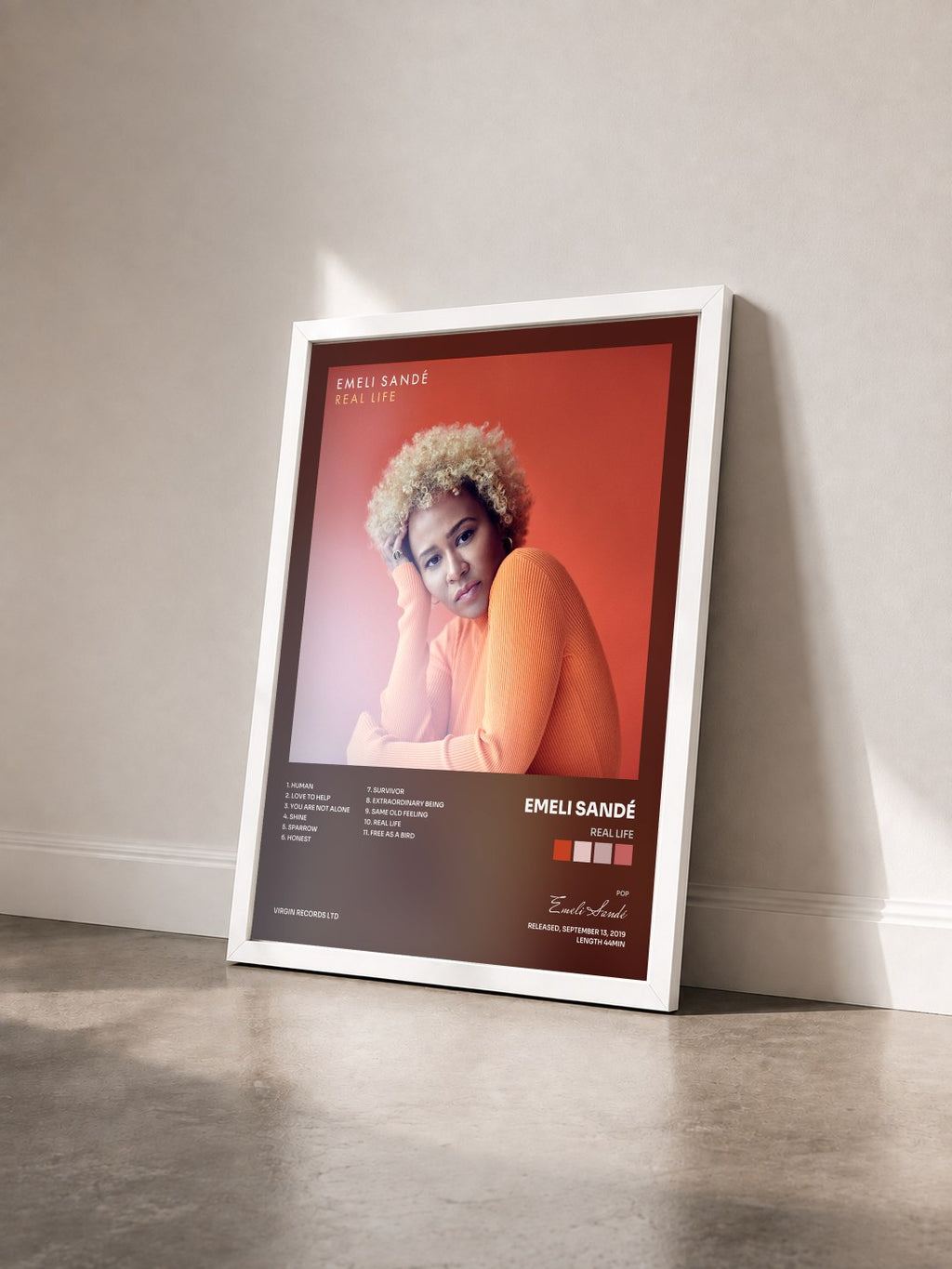 #blanc REAL LIFE by Emeli Sandé as a framed art print seen at an angle, white frame