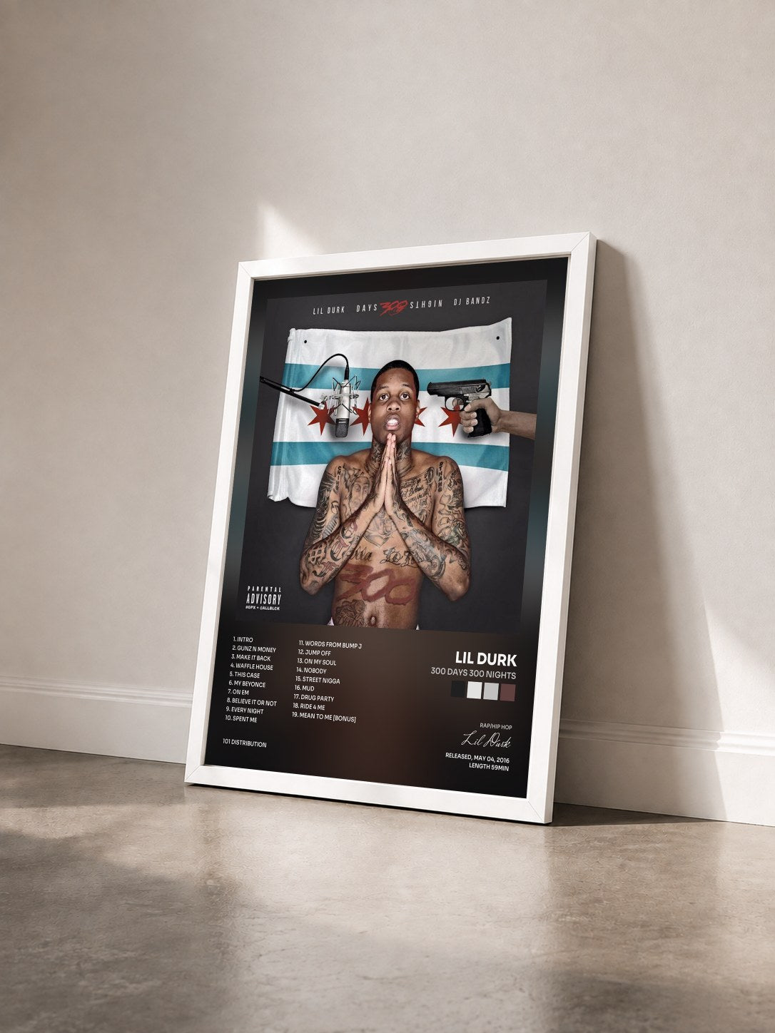 #blanc Tableau de l'album 300 Days 300 Nights de Lil Durk vu de trois quarts, cadre blanc