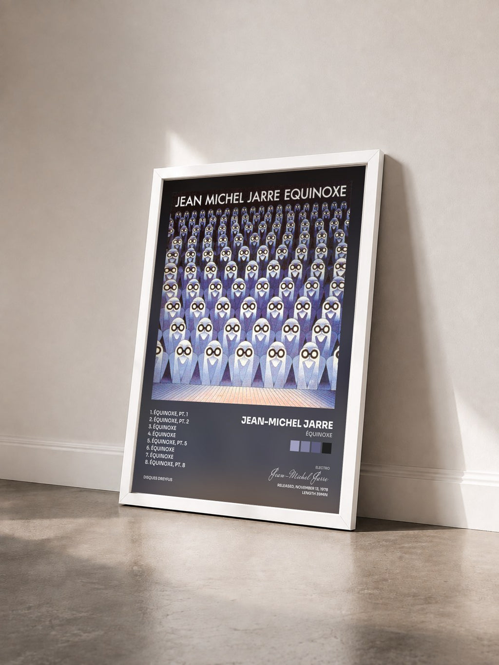 #blanc Tableau de l'album Équinoxe de Jean-Michel Jarre vu de trois quarts, cadre blanc